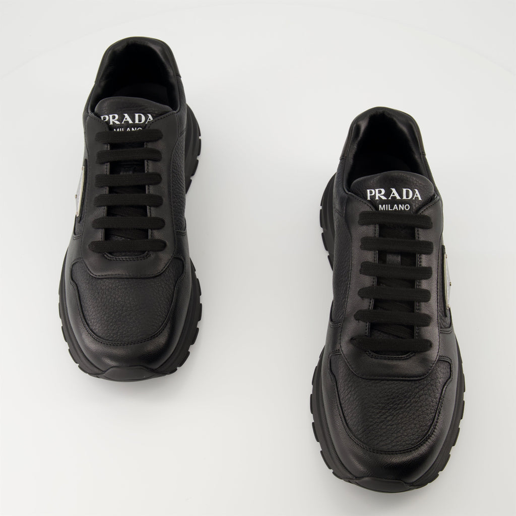 Prada sneakers, black leather sneakers, Prax 01 model, men's footwear, luxury menswear