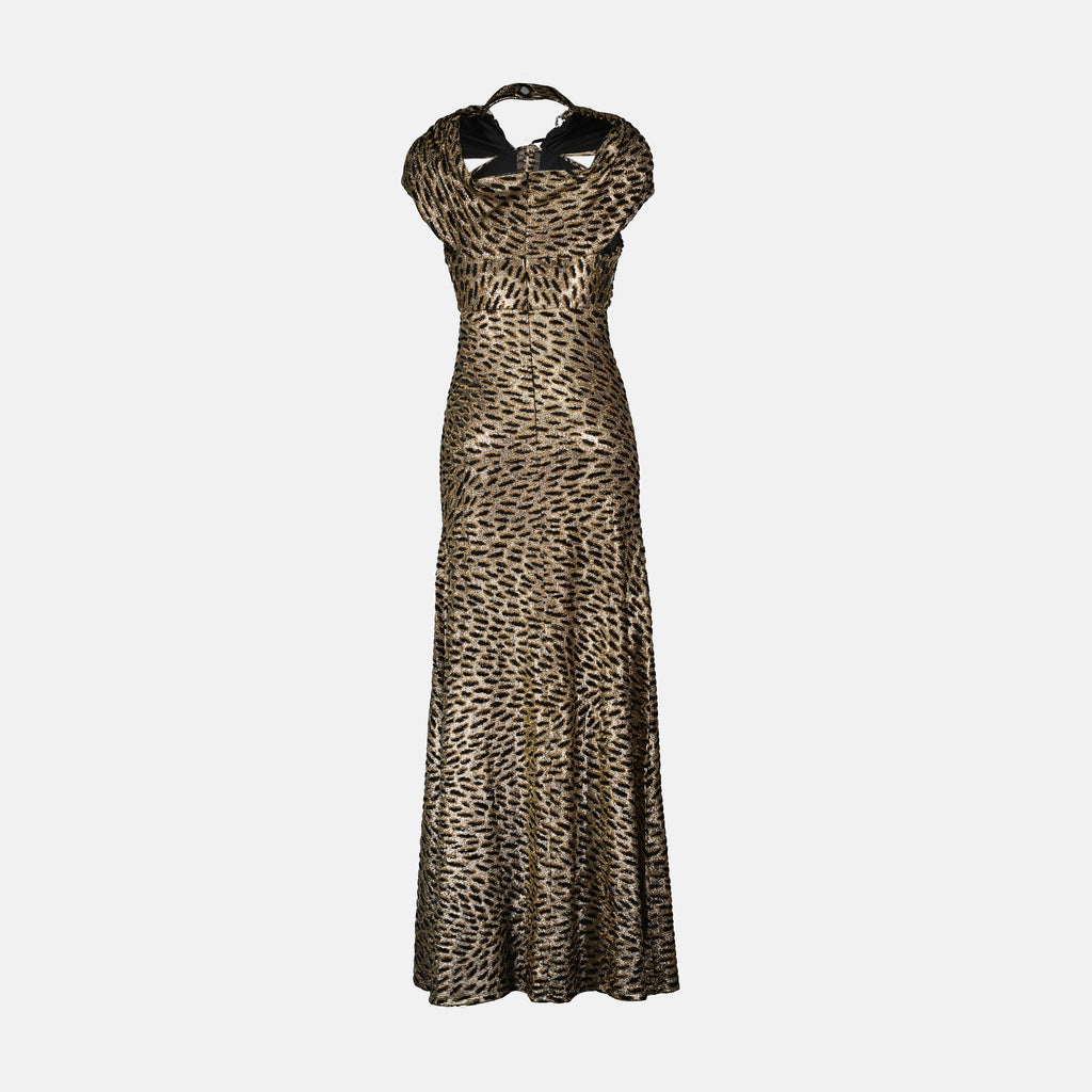 leopard print dress, lurex dress, long dress, chic evening wear, modern silhouette