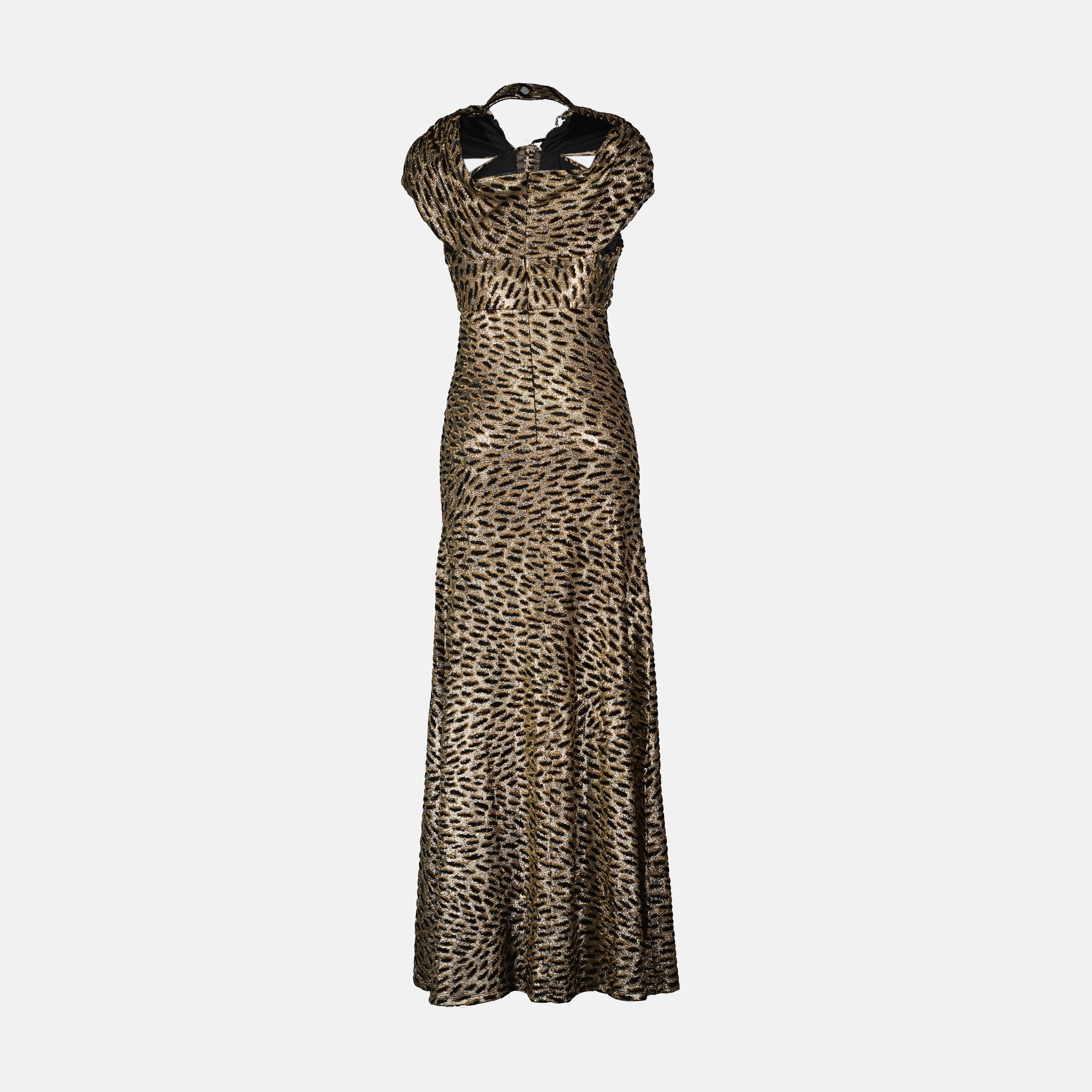 leopard print dress, lurex dress, long dress, chic evening wear, modern silhouette
