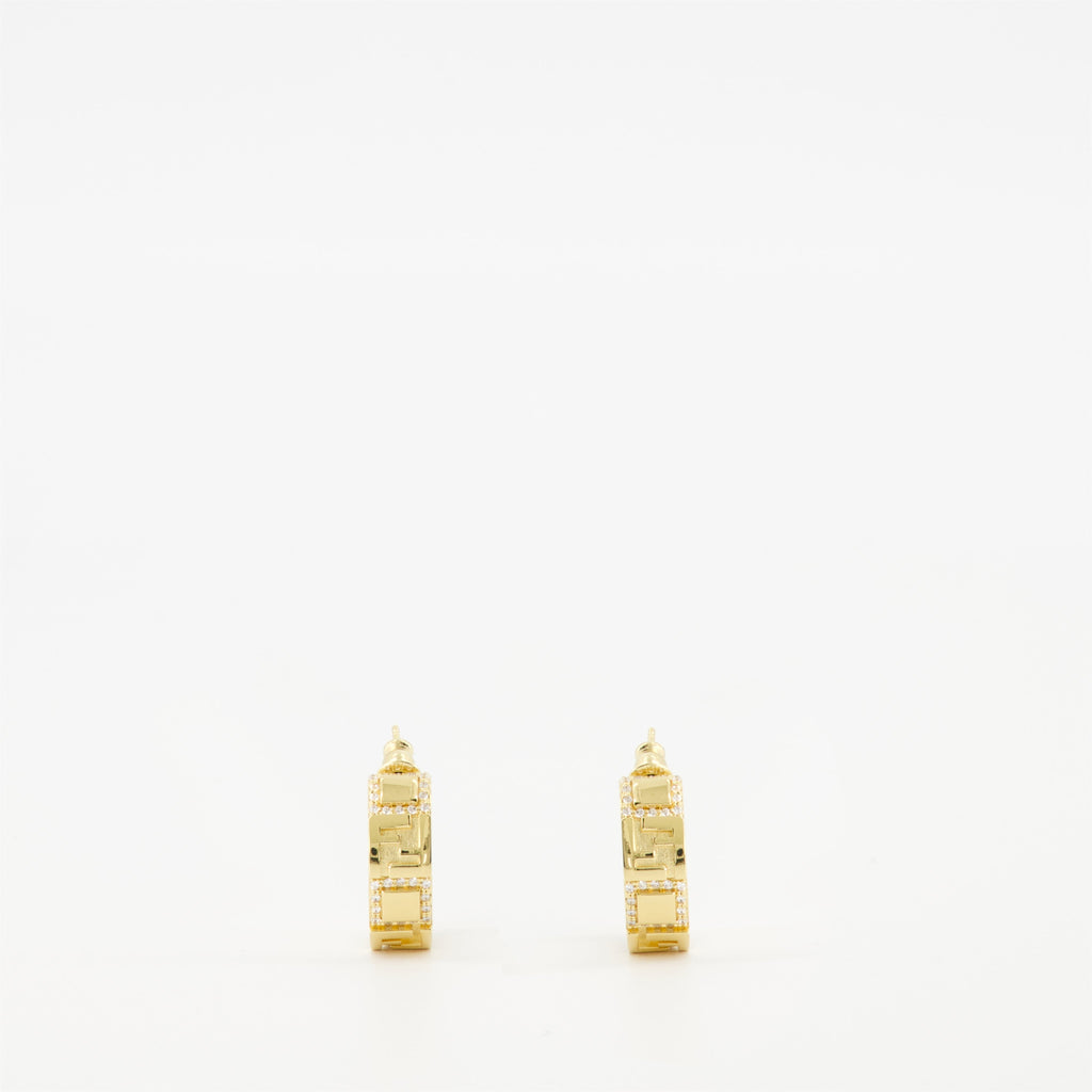 Fendi earrings, gold earrings, crystal earrings, designer jewelry, FF logo earrings