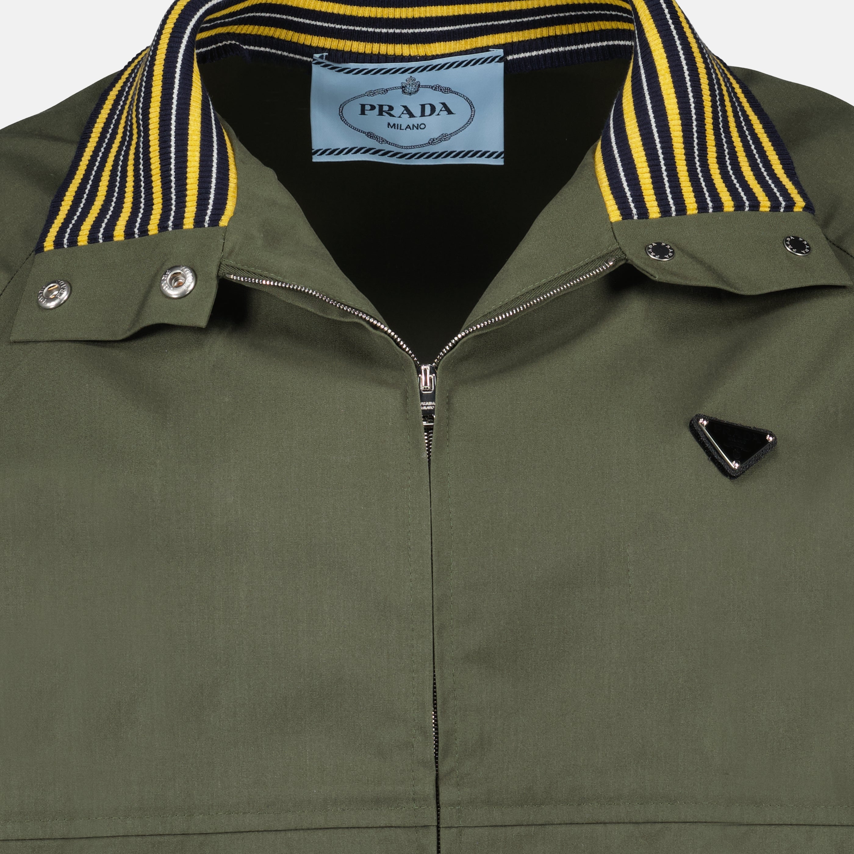 Image of Kaki Prada Bomber Jacket by Prada for Women - Season Spring-Summer 2026 - Detail View 1