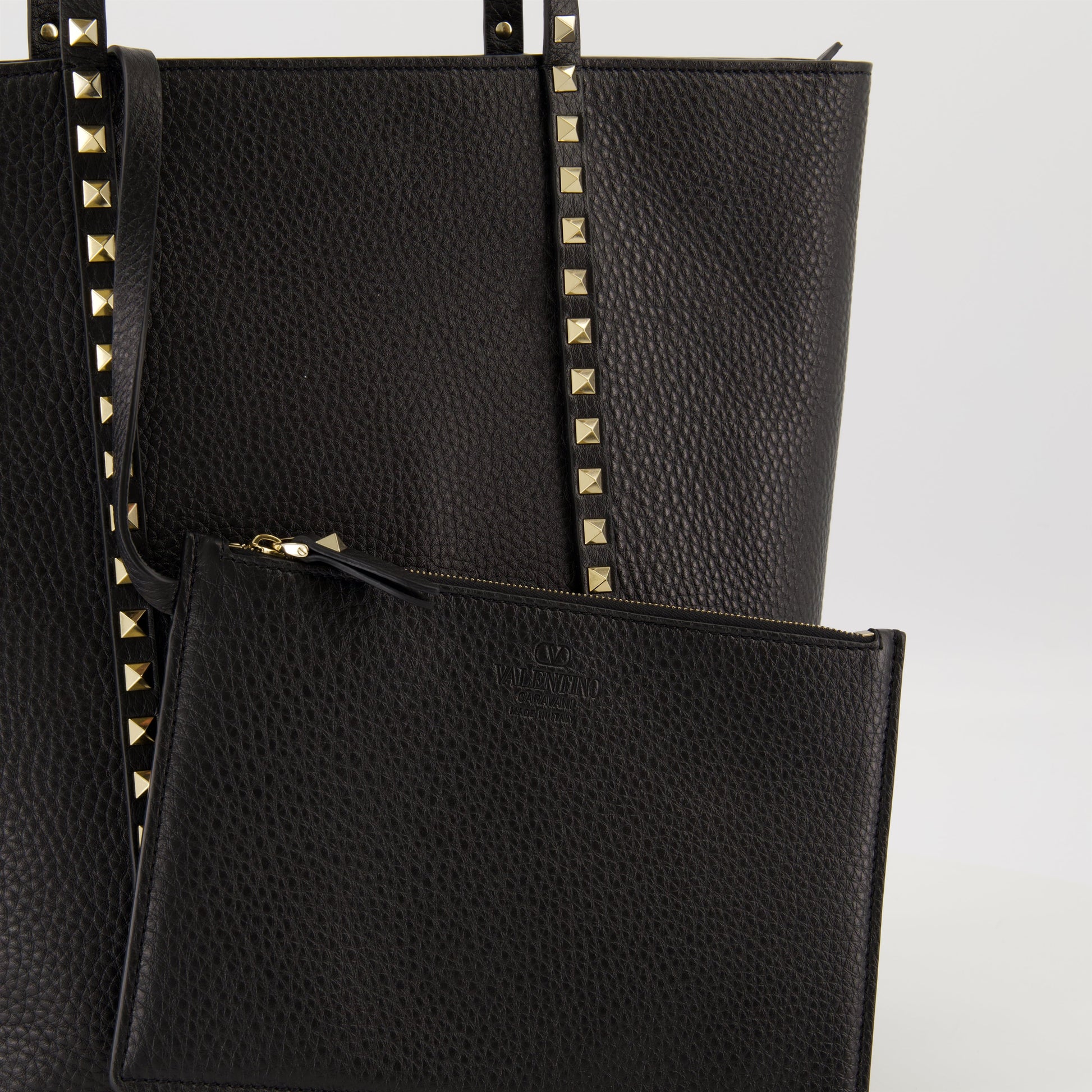 Rockstud Tote, Grained Leather, Removable Pouch, Platinum Finish, Black Tote Bag