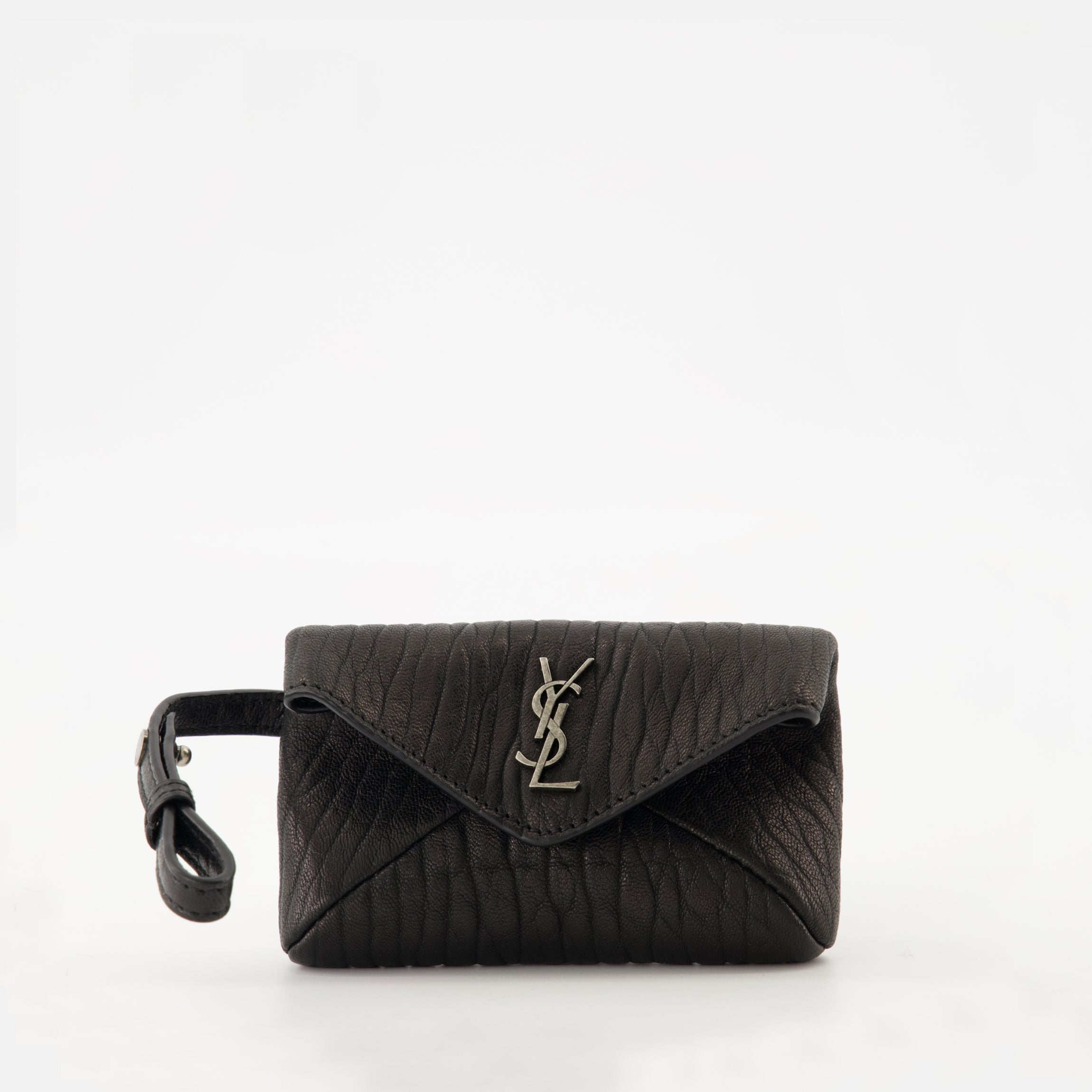 Cassandre envelope, Saint Laurent accessory, black leather bag, luxury clutch, grained leather
