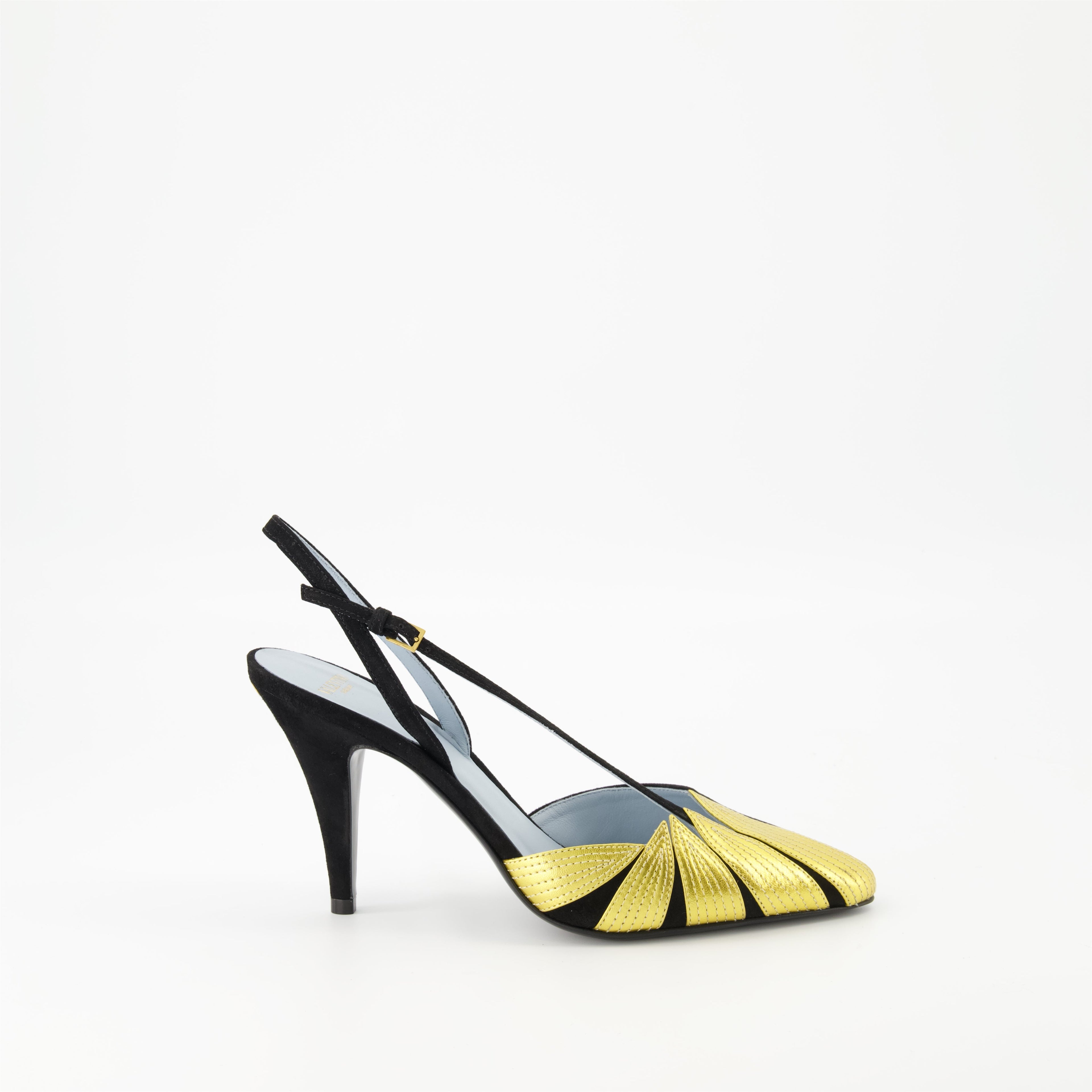 Valentino Garavani, Foliefoliage pumps, black and gold pumps, pointed toe pumps, adjustable ankle strap shoes