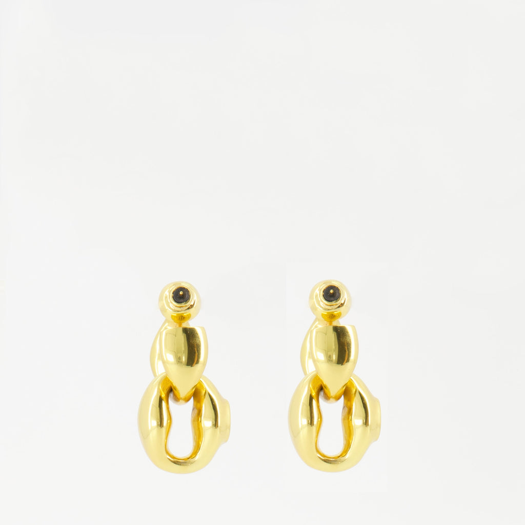 double signet earrings, Patou jewelry, gold earrings, engraved logo earrings, brass accessories