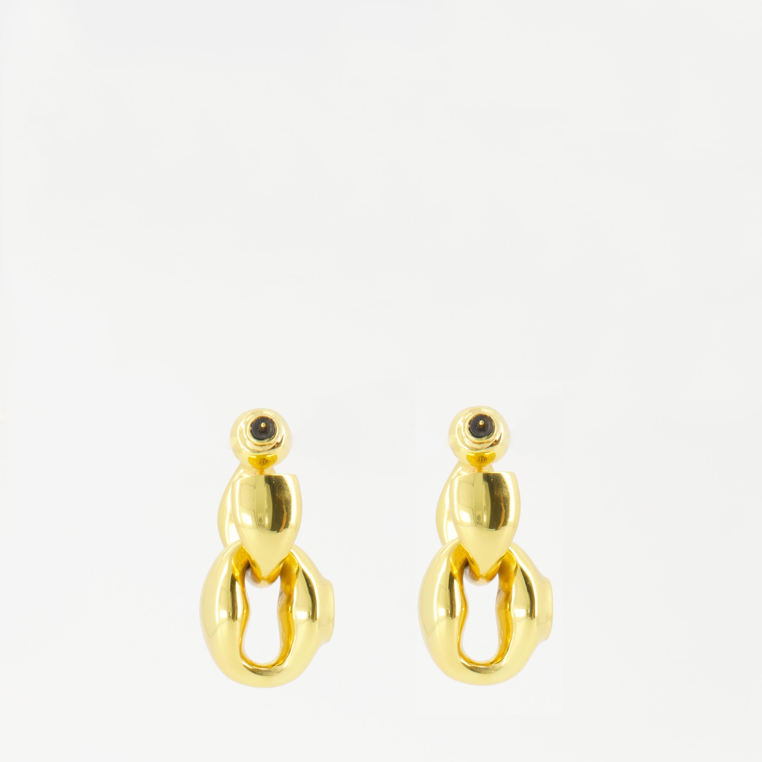 double signet earrings, Patou jewelry, gold earrings, engraved logo earrings, brass accessories