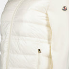 White jacket, Moncler logo, bi-material jacket, double-zip jacket, nylon and wool jacket