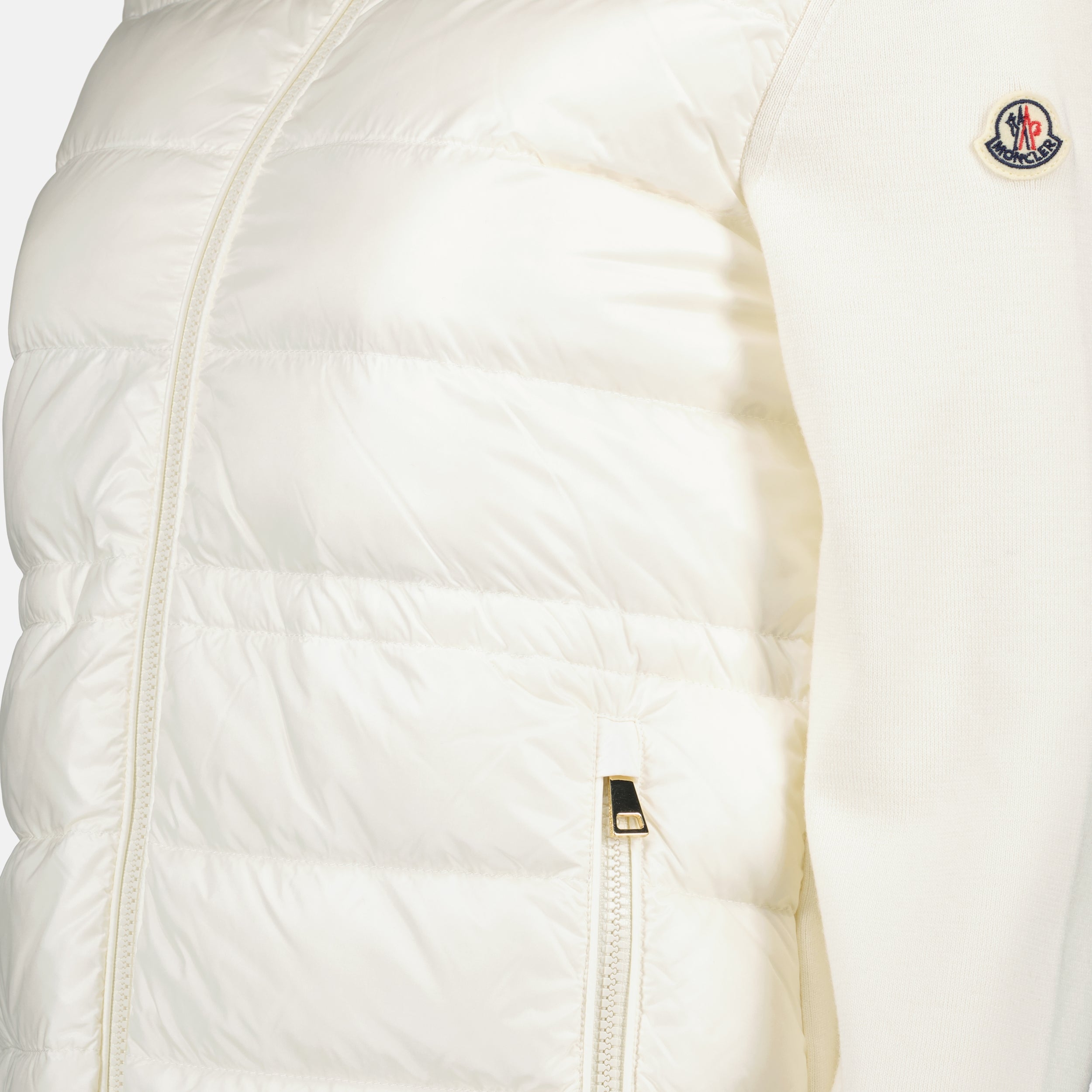 White jacket, Moncler logo, bi-material jacket, double-zip jacket, nylon and wool jacket