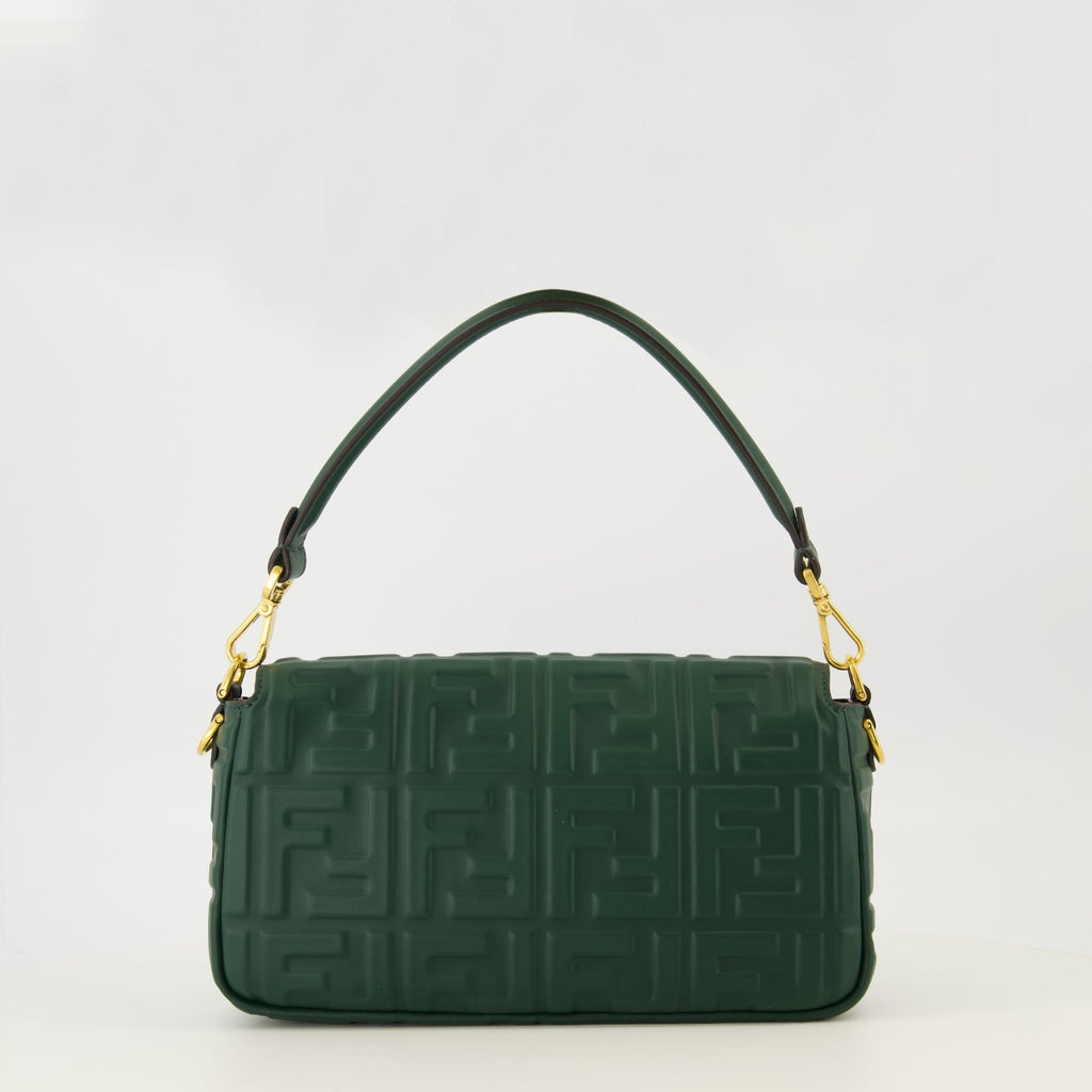 Fendi baguette bag, dark green leather bag, 2025 collection bag, FF logo handbag, luxury fashion accessories