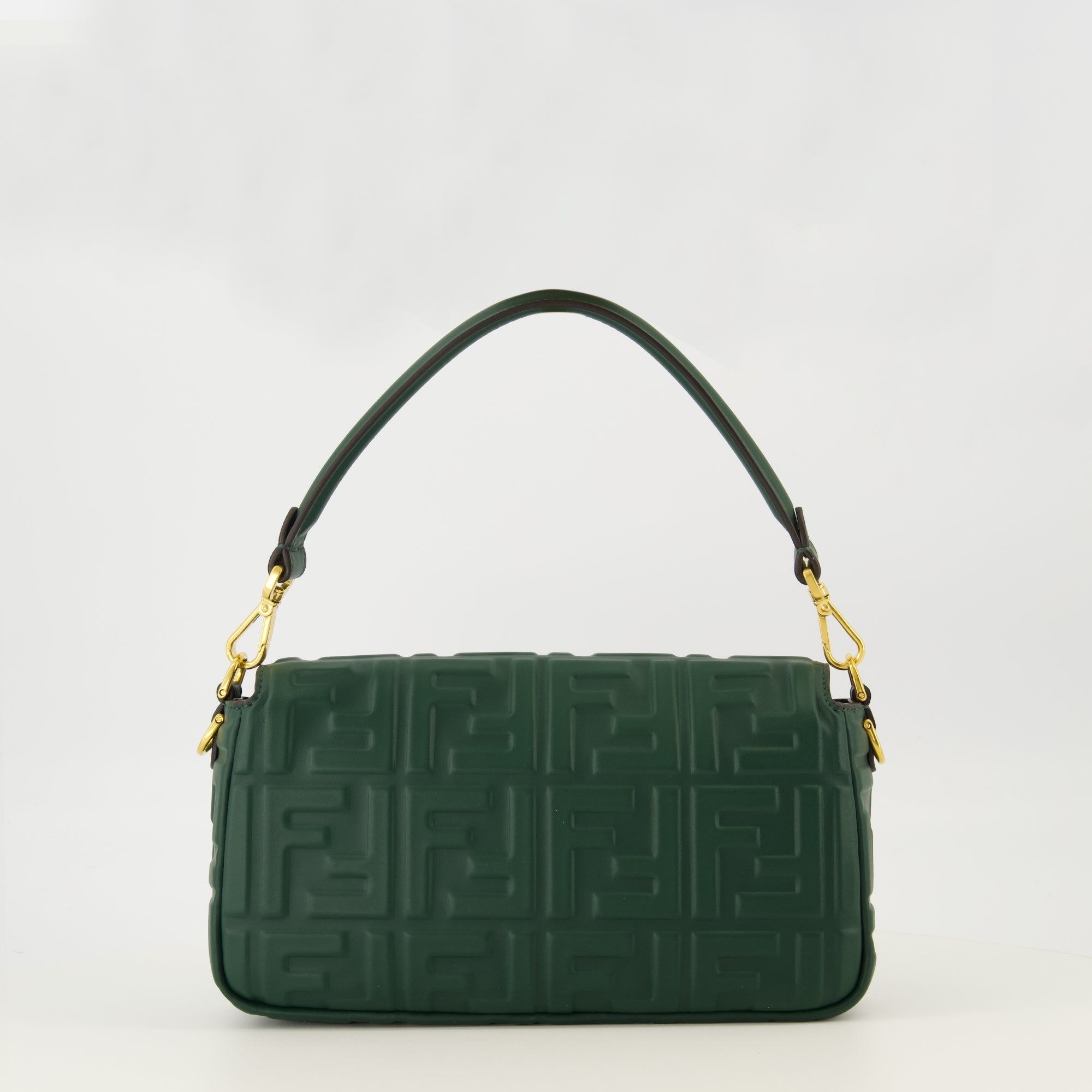 Fendi baguette bag, dark green leather bag, 2025 collection bag, FF logo handbag, luxury fashion accessories