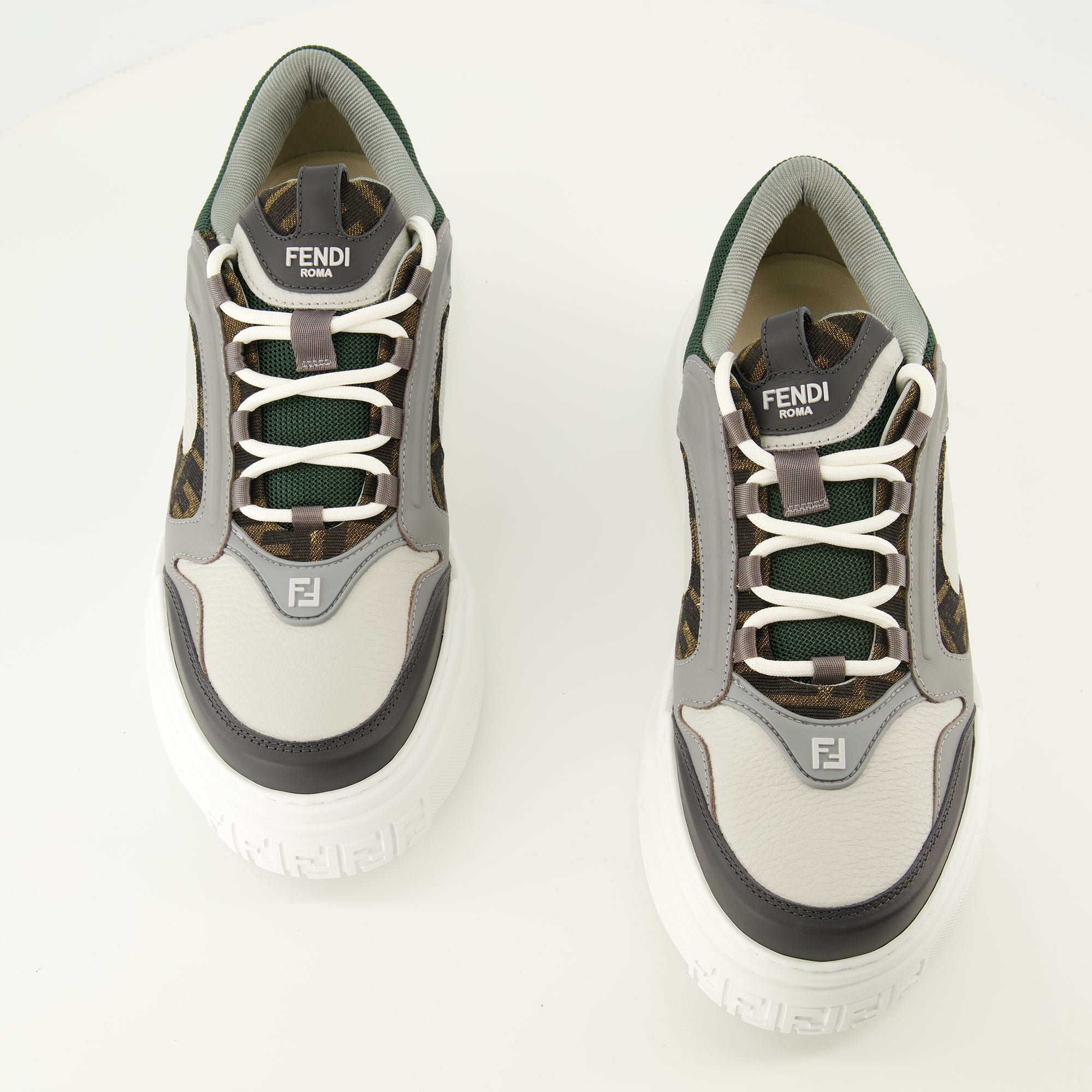 Fendi sneakers, calf leather shoes, Fall-Winter 2025, gray and green sneakers, men's footwear