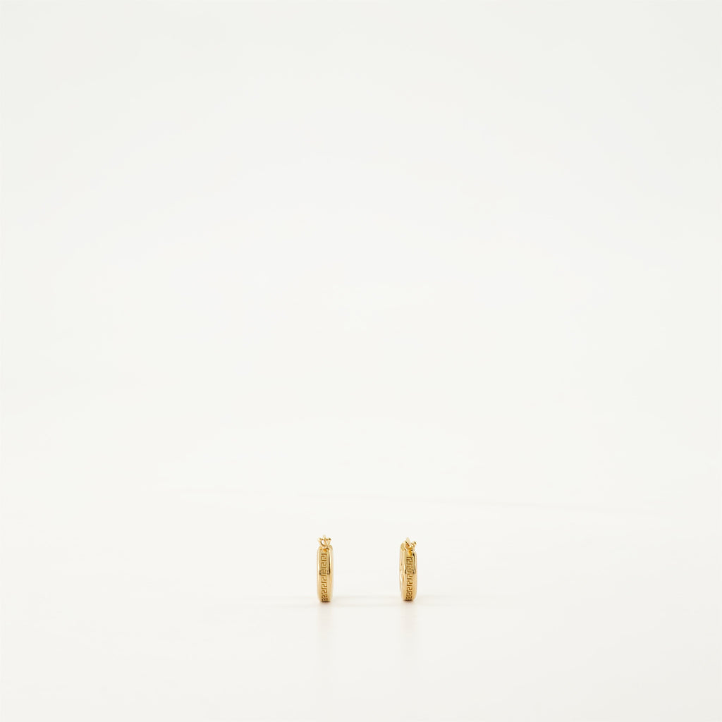 Greca earrings, gold hoop earrings, hypoallergenic jewelry, engraved logo earrings, classic clasp earrings