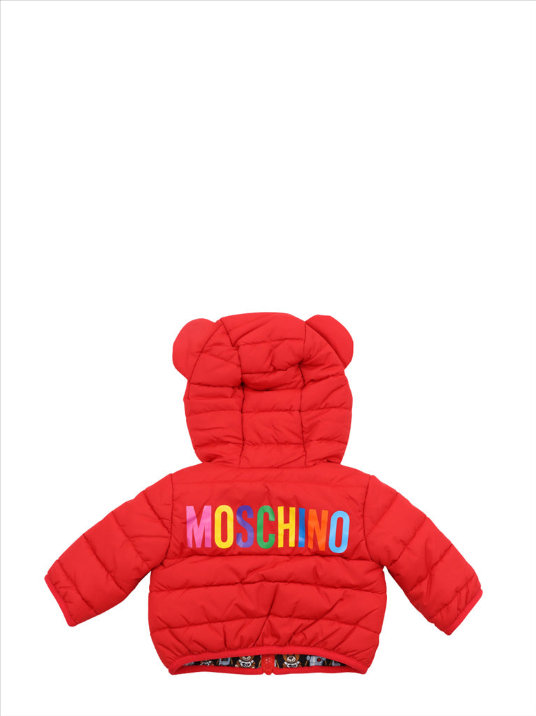 Moschino children jacket, luxury kidswear, red puffer jacket, designer kids coat, elegant winter wear