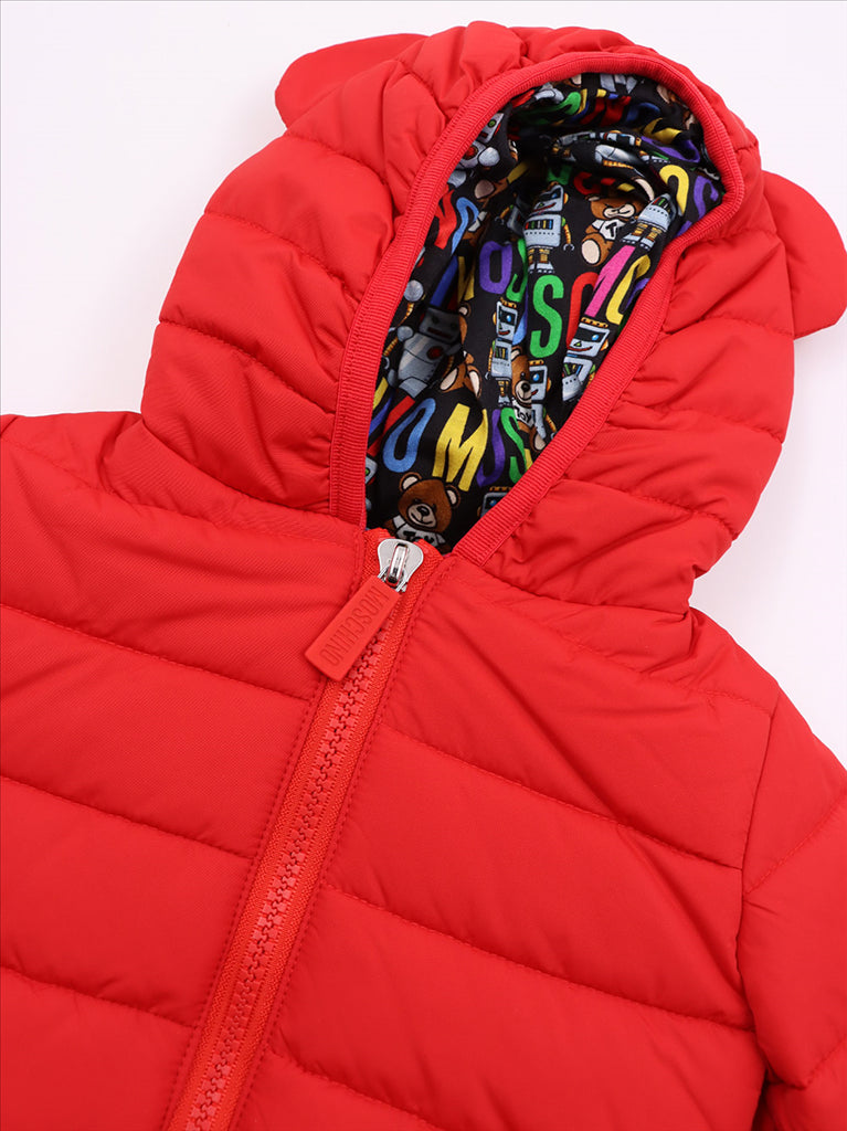 Moschino children jacket, luxury kidswear, red puffer jacket, designer kids coat, elegant winter wear