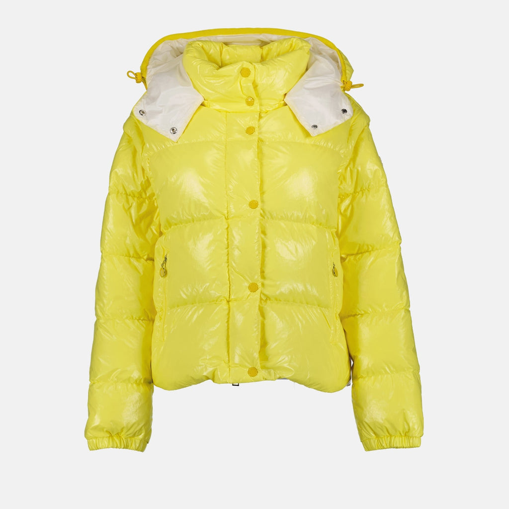 Moncler jacket, women's luxury outerwear, yellow puffer jacket, high-end fashion, warm winter jacket