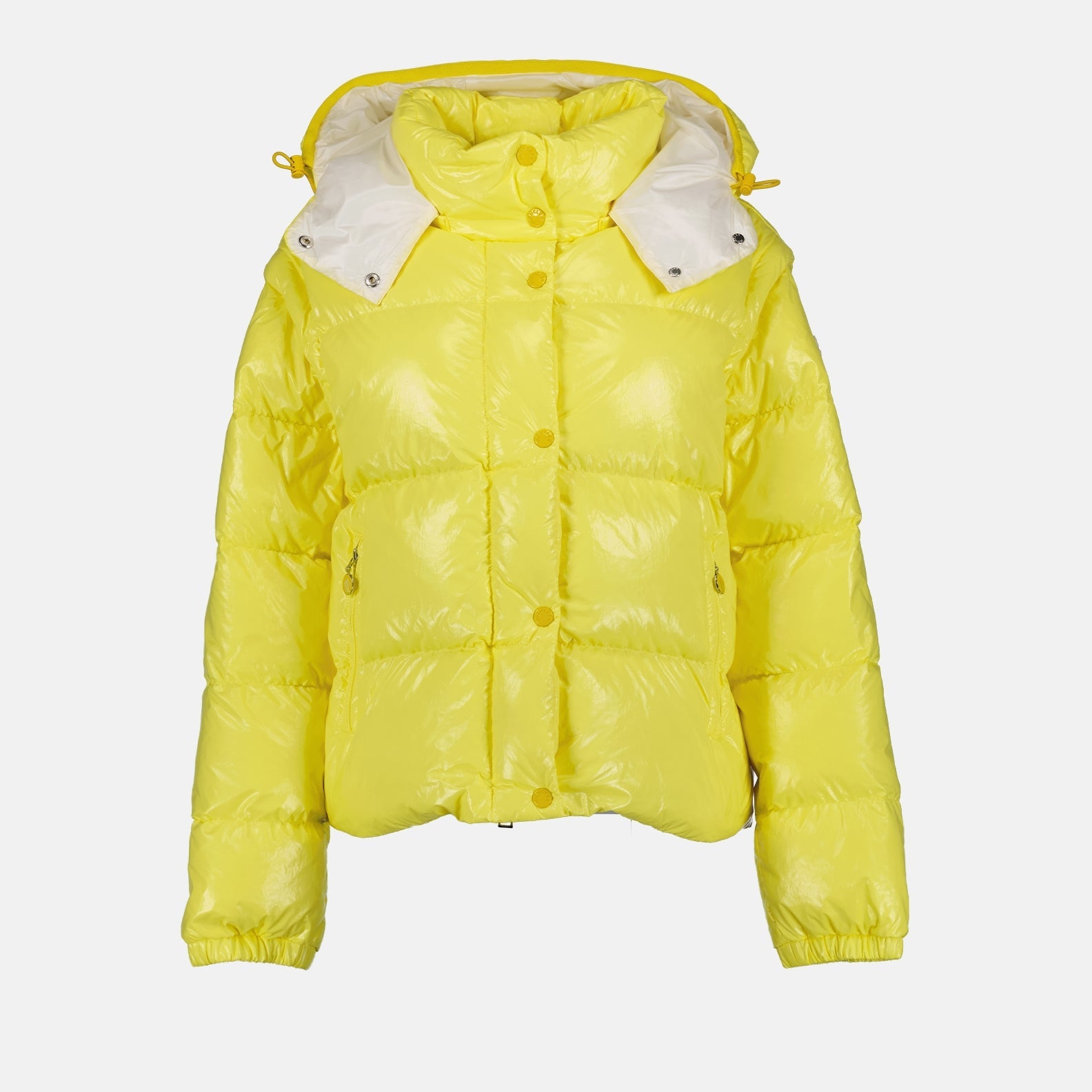 Moncler jacket, women's luxury outerwear, yellow puffer jacket, high-end fashion, warm winter jacket