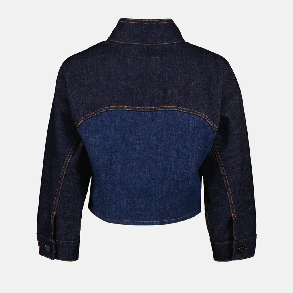 Fendi denim jacket, bicolor denim jacket, luxury fashion, puff sleeve jacket, high collar jacket