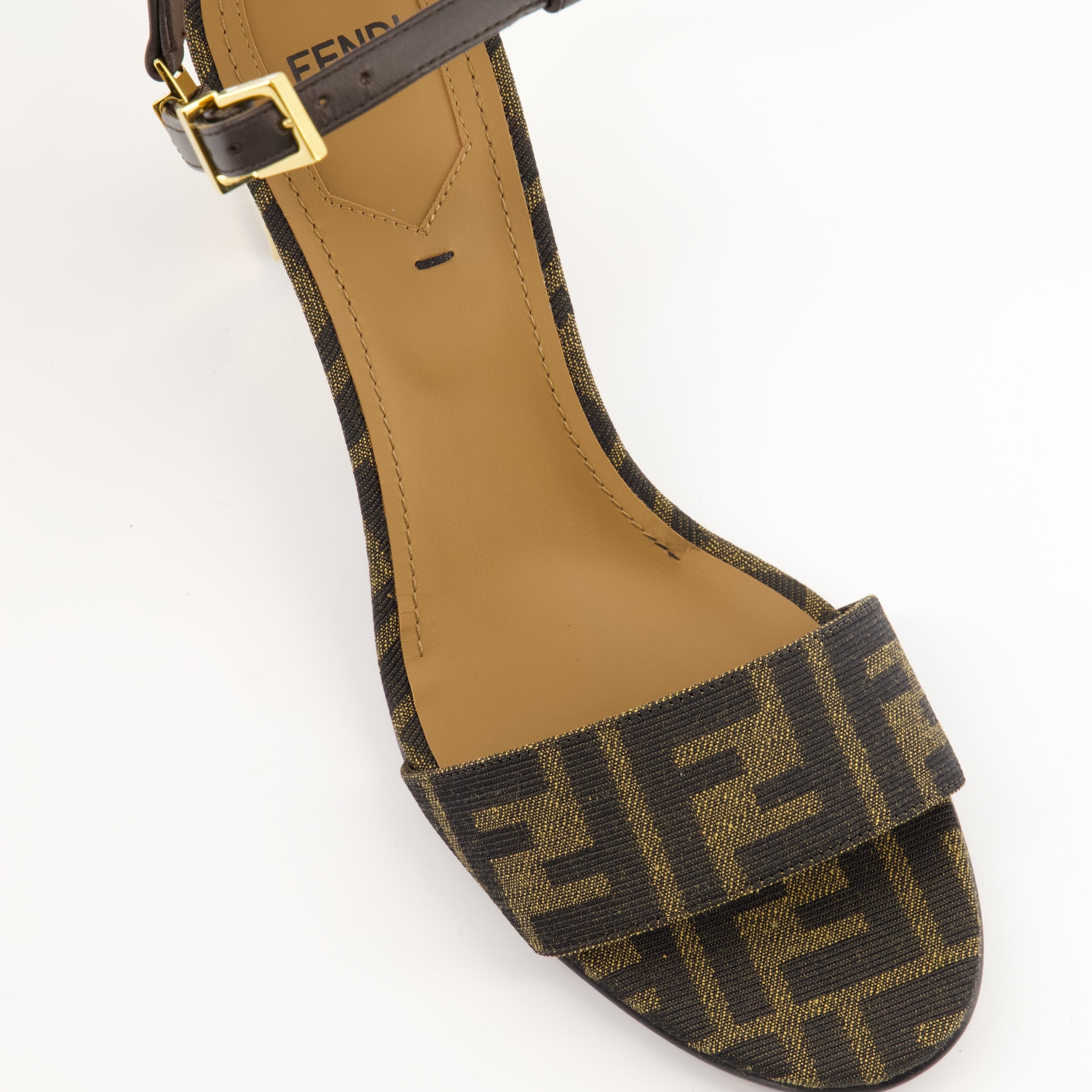 brown heeled sandals, Delfina, adjustable ankle strap, FF print, Fendi sandals