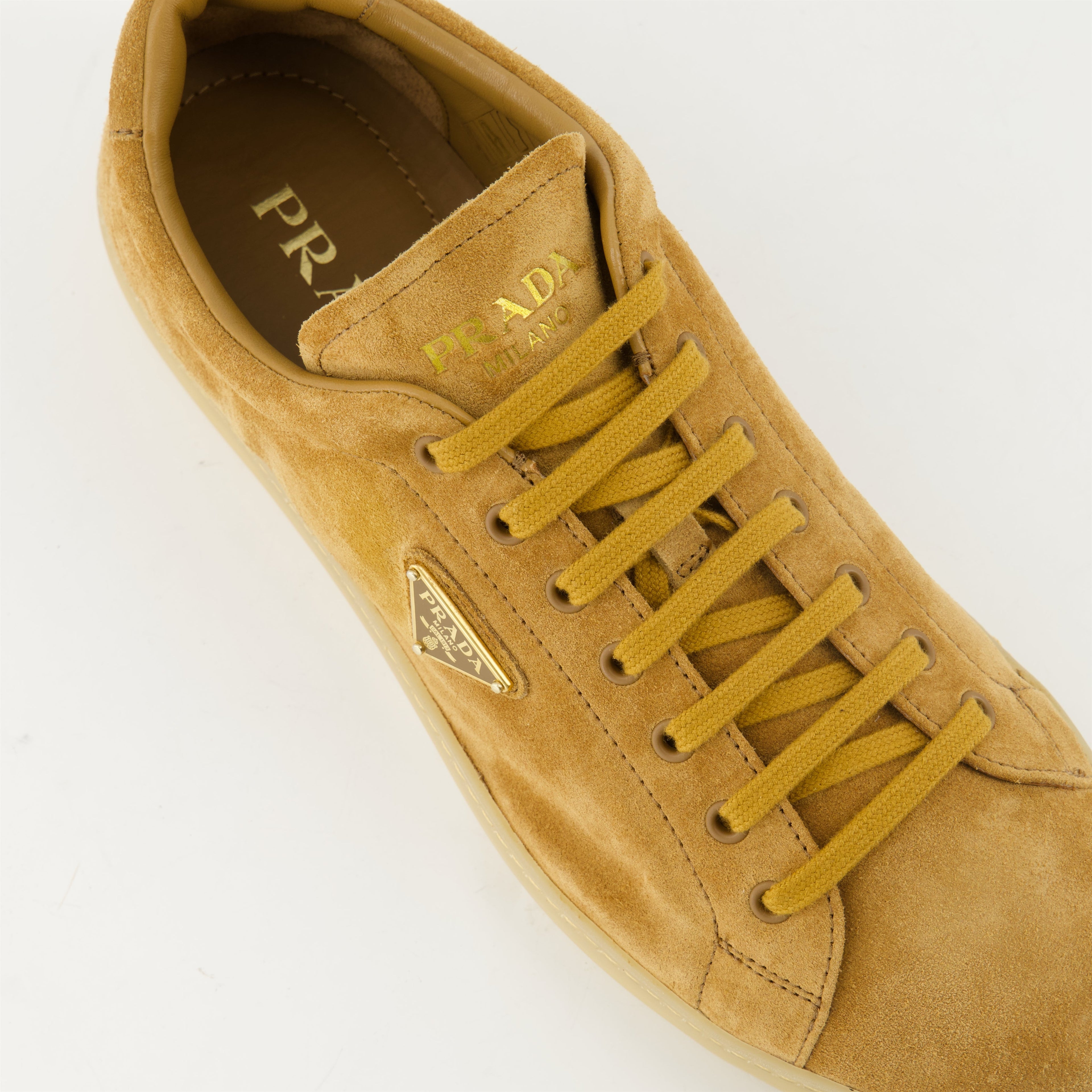 Prada Downtown sneakers, suede sneakers, brown sneakers, casual footwear, luxury sneakers
