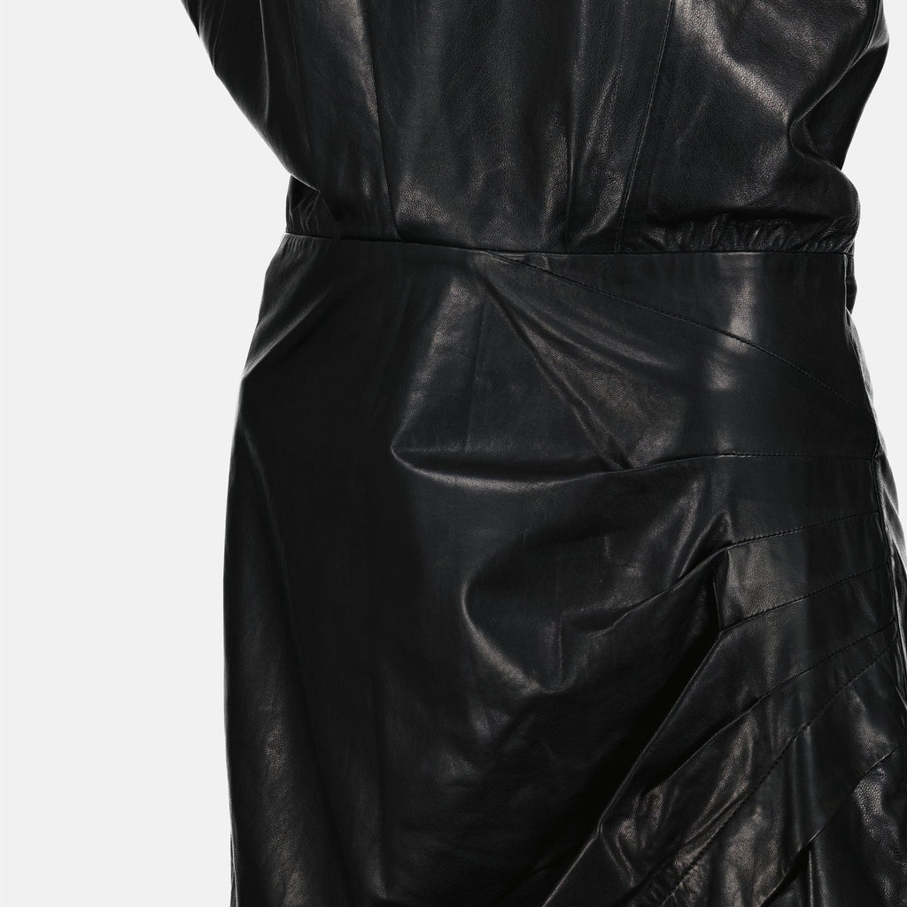 black leather dress, Pernille dress, asymmetrical design, luxury fashion, Spring Summer 2025