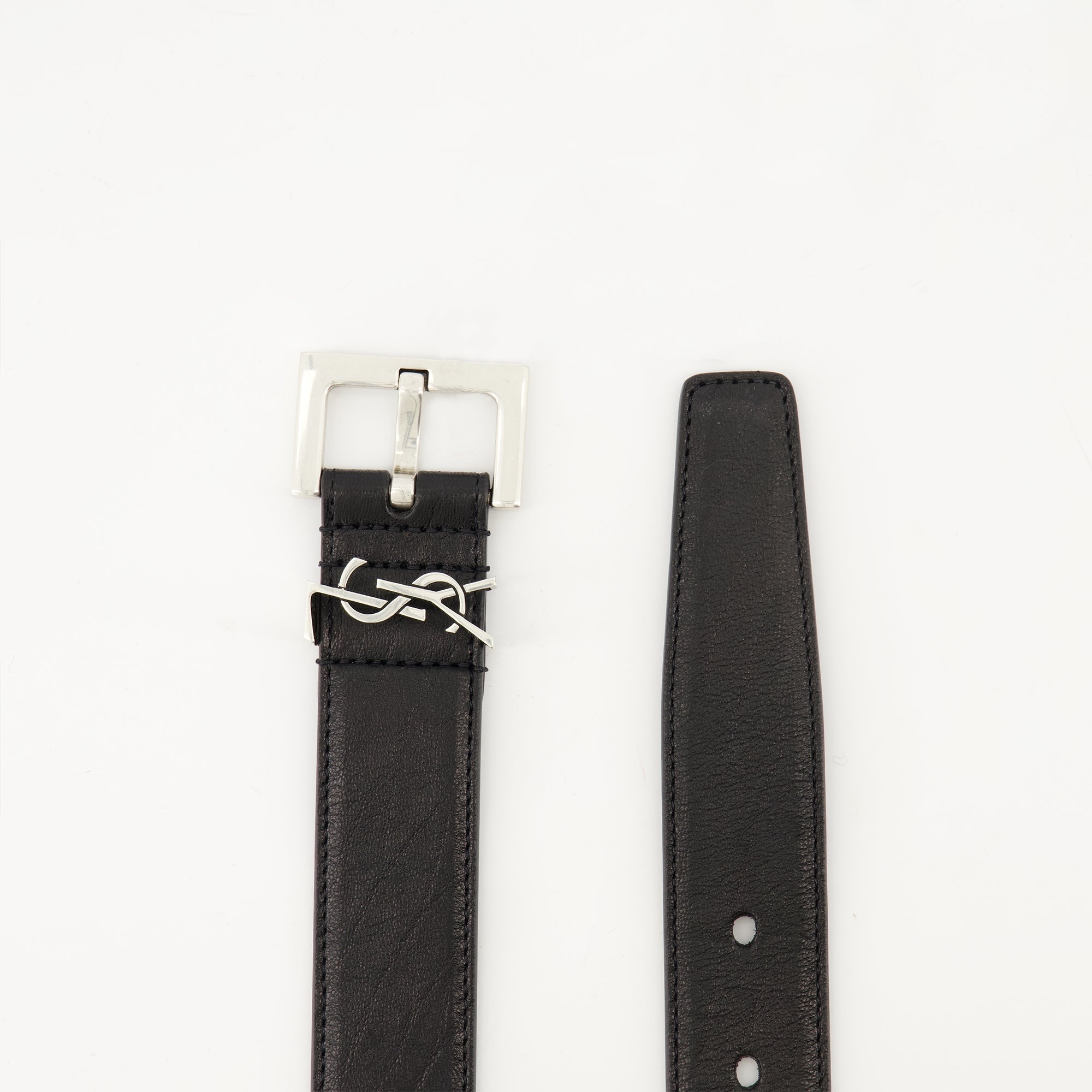 Saint Laurent belt, black leather belt, luxury accessories, metallic logo belt, adjustable waist belt