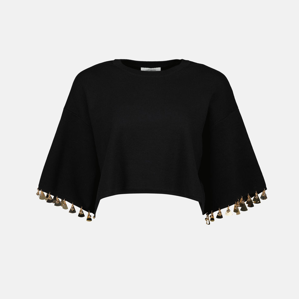 black crop sweater, knitwear, Rabanne, metallic details, Spring-Summer collection
