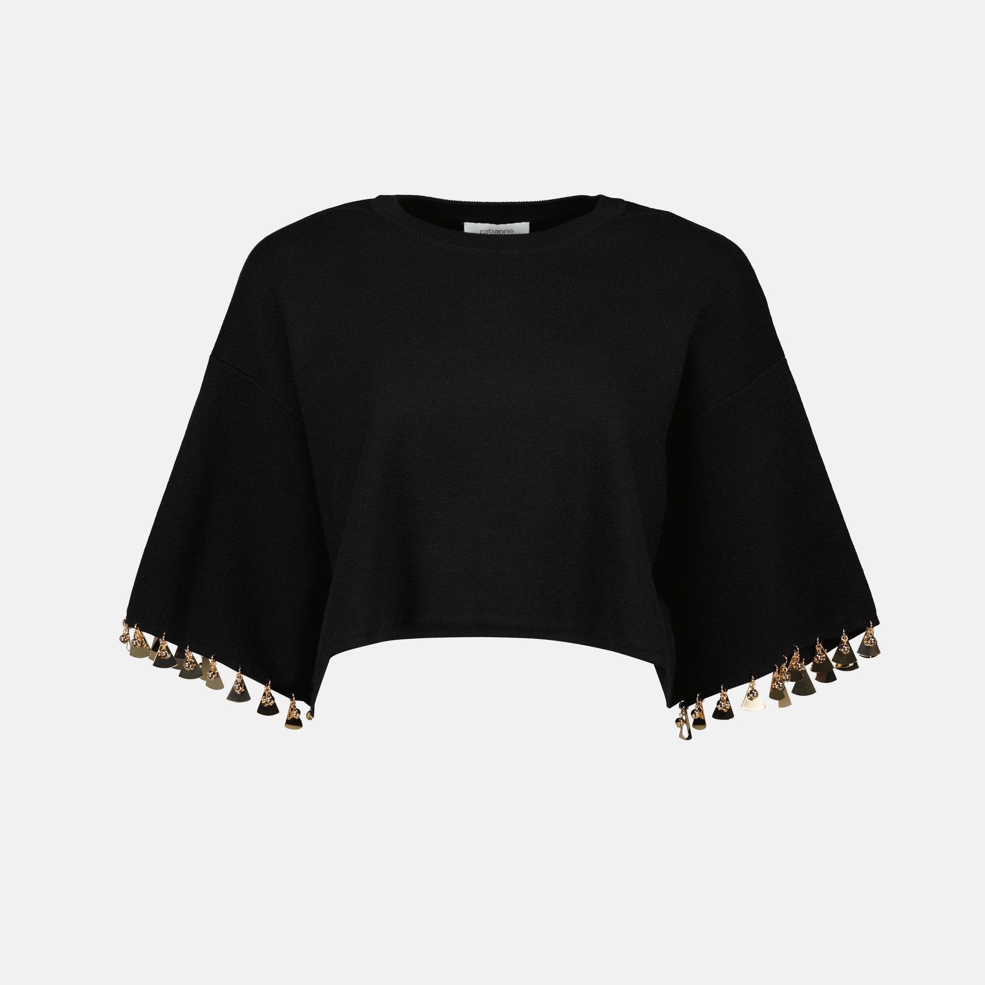 black crop sweater, knitwear, Rabanne, metallic details, Spring-Summer collection