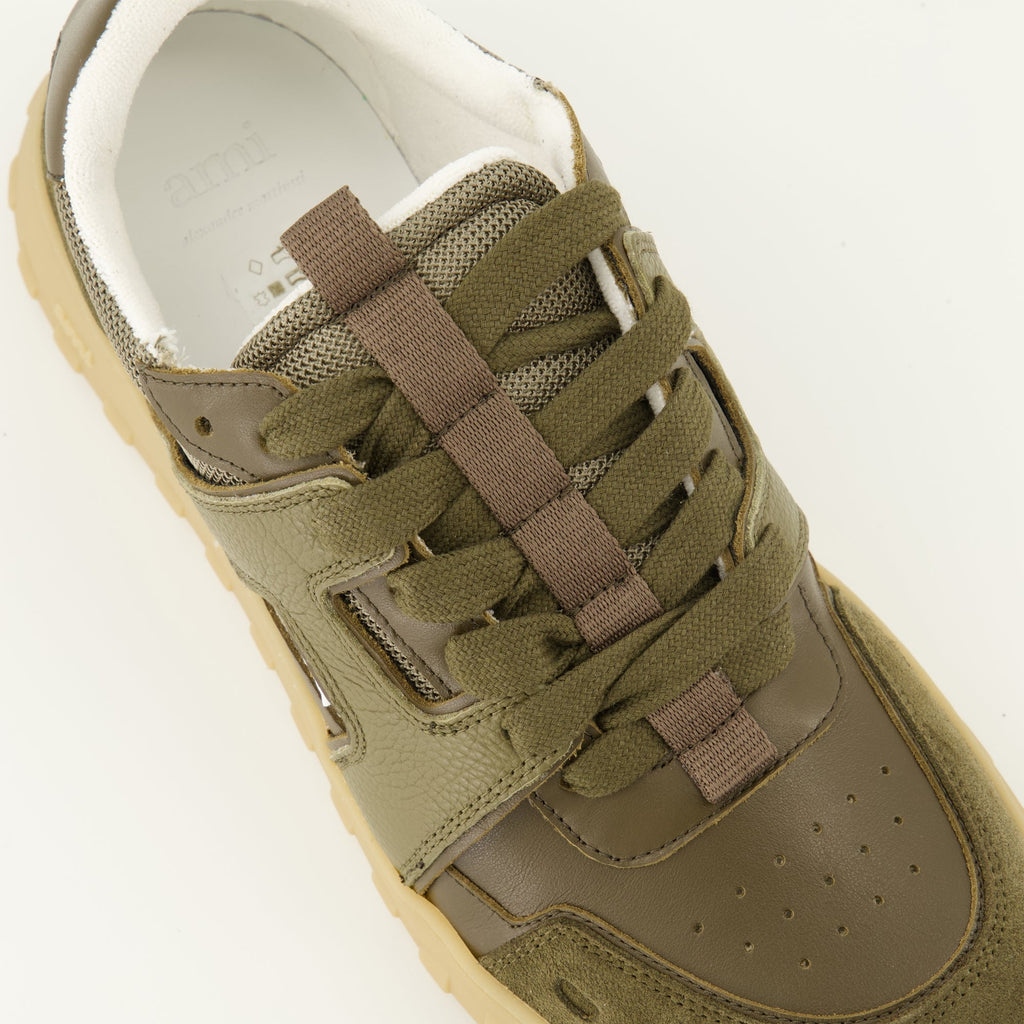 AMI Paris sneakers, Kaki sneakers, unisex footwear, contemporary fashion, leather and suede shoes