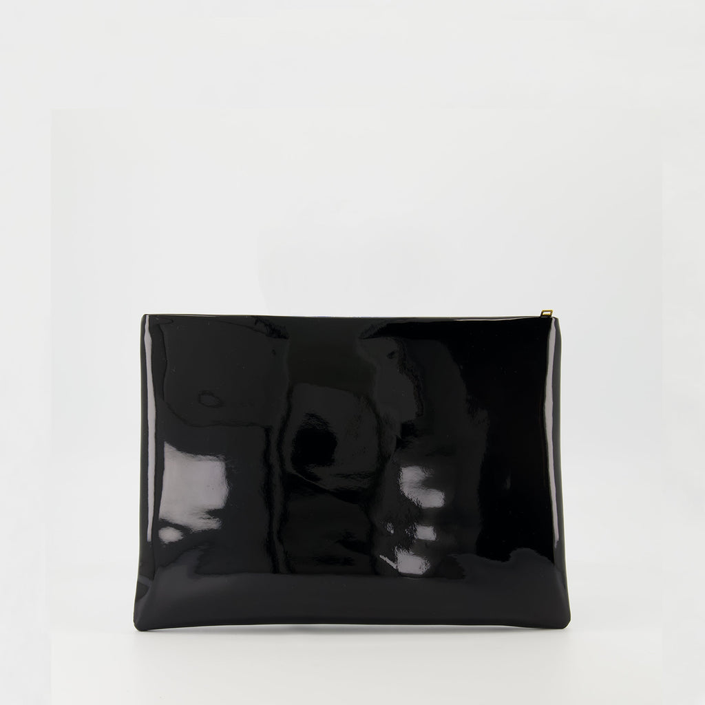 clutch bag, patent clutch, black handbag, Saint Laurent accessory, designer clutch