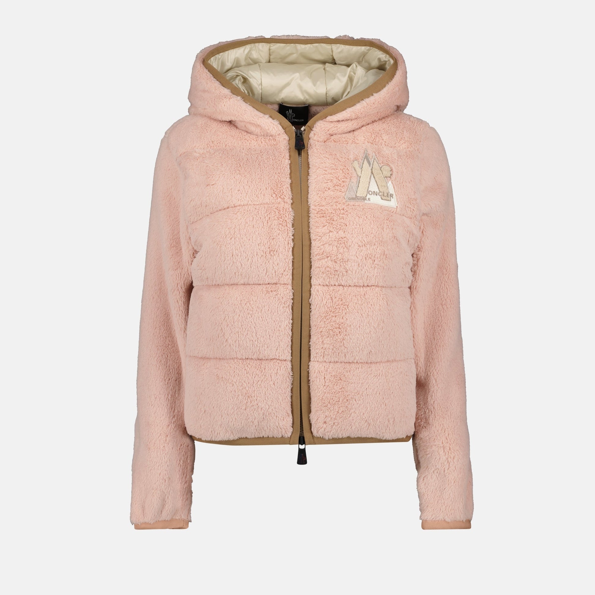 pink fleece jacket, Moncler Grenoble jacket, luxury women's outerwear, bi-material jacket, Autumn-Winter 2024 fashion