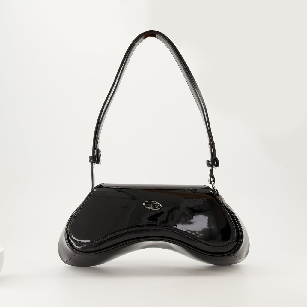 asymmetrical shoulder bag, black glossy bag, designer shoulder bag, adjustable strap bag, Diesel shoulder bag