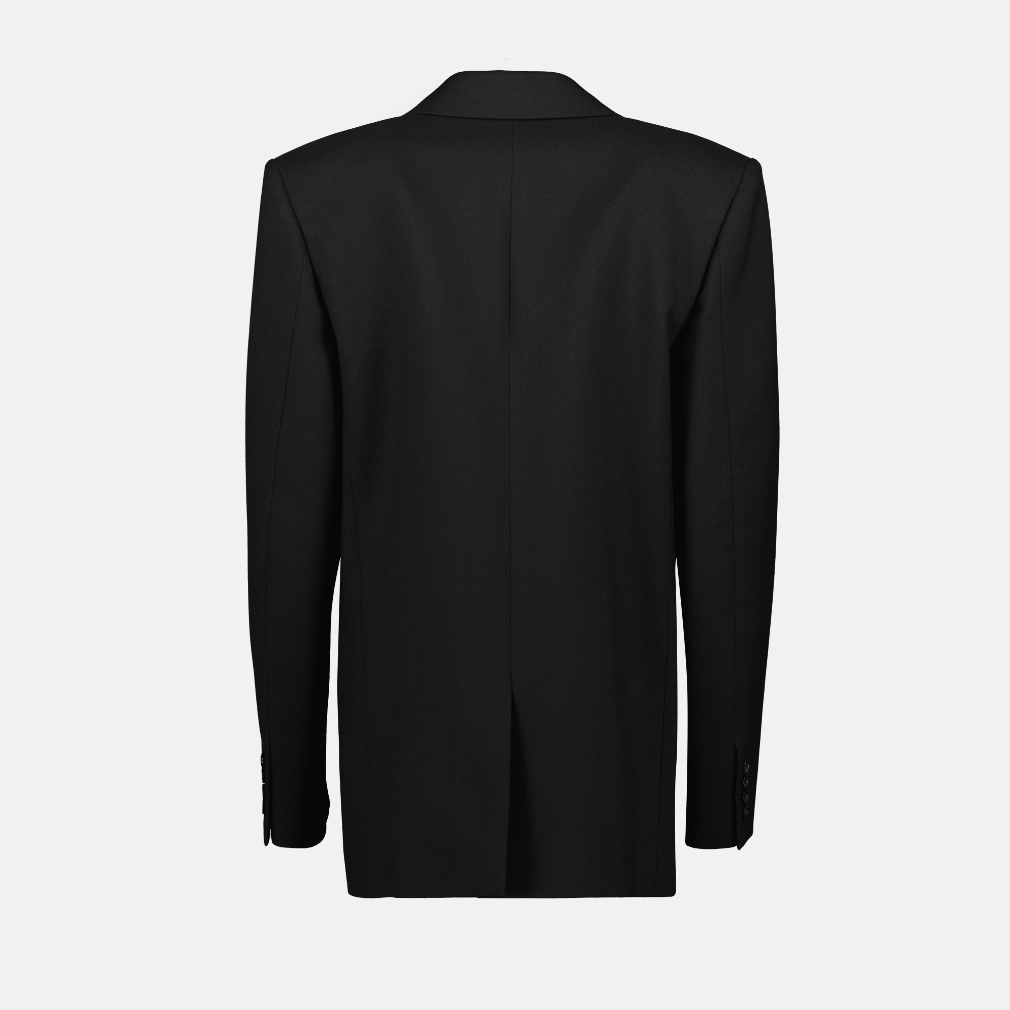black blazer, Saint Laurent, wool gabardine, double-breasted blazer, silk lining