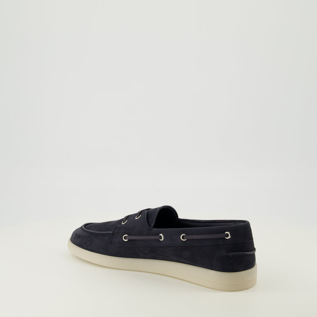 Image of Suede Moccasins by Prada for Men - Season Spring-Summer 2026 - Back Right Three-Quarter View