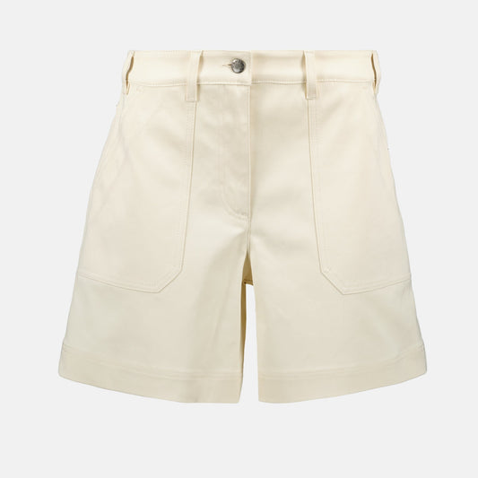 gabardine shorts, Moncler Bermuda shorts, summer fashion, off-white shorts, casual elegance