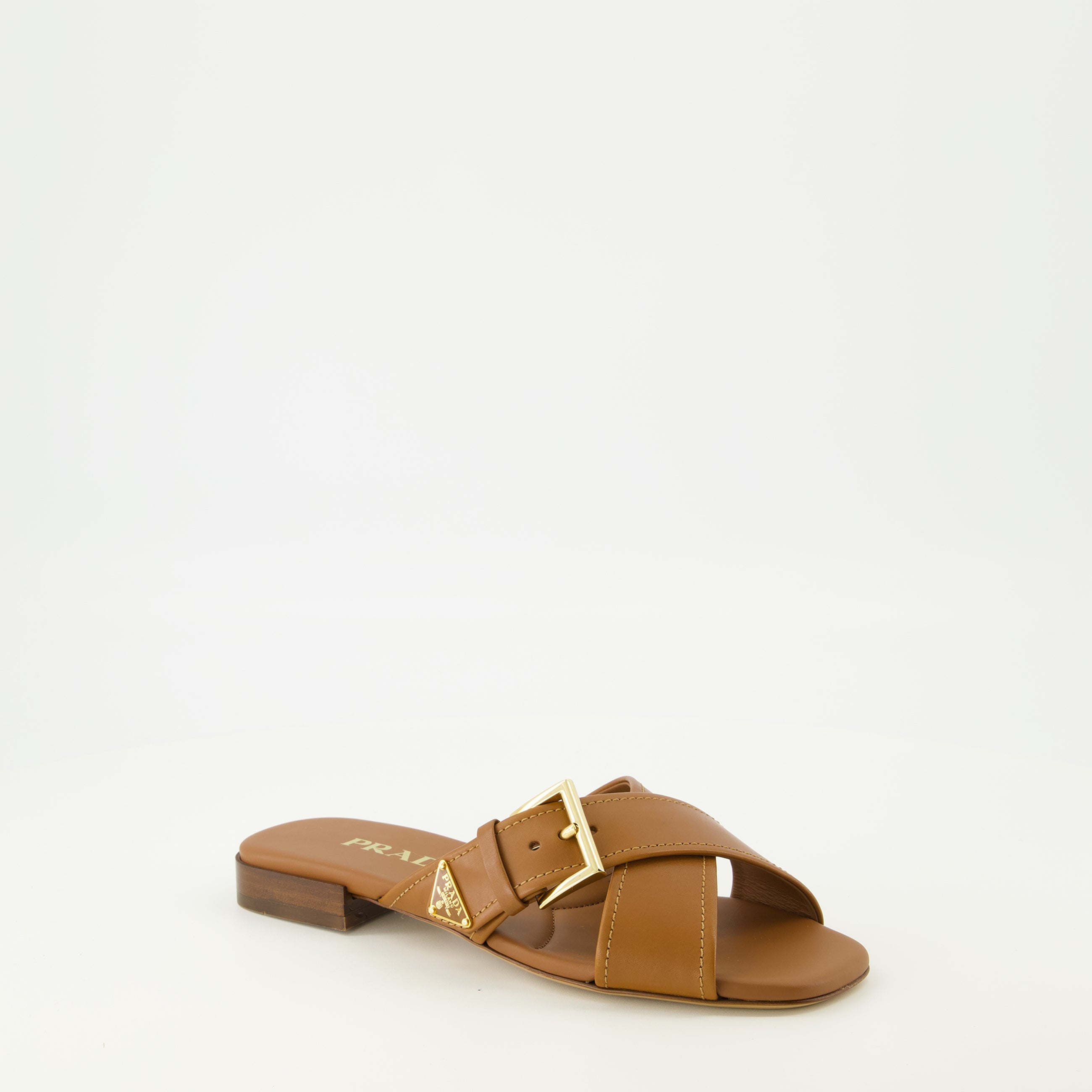 brown leather sandals, Prada shoes, square toe sandals, adjustable fit footwear, calfskin leather sandals