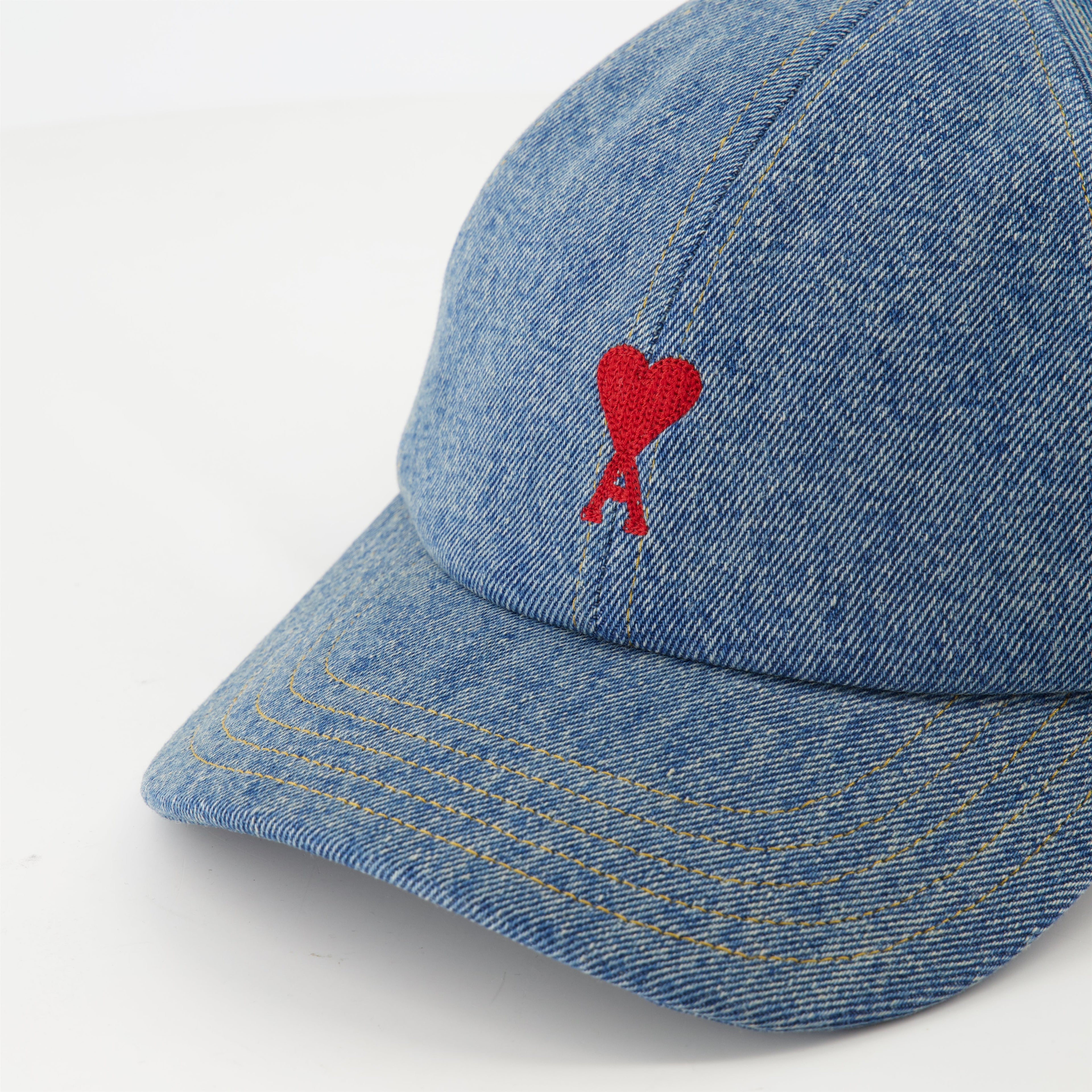 denim cap, AMI de Coeur, adjustable strap cap, embroidered logo cap, unisex denim accessory