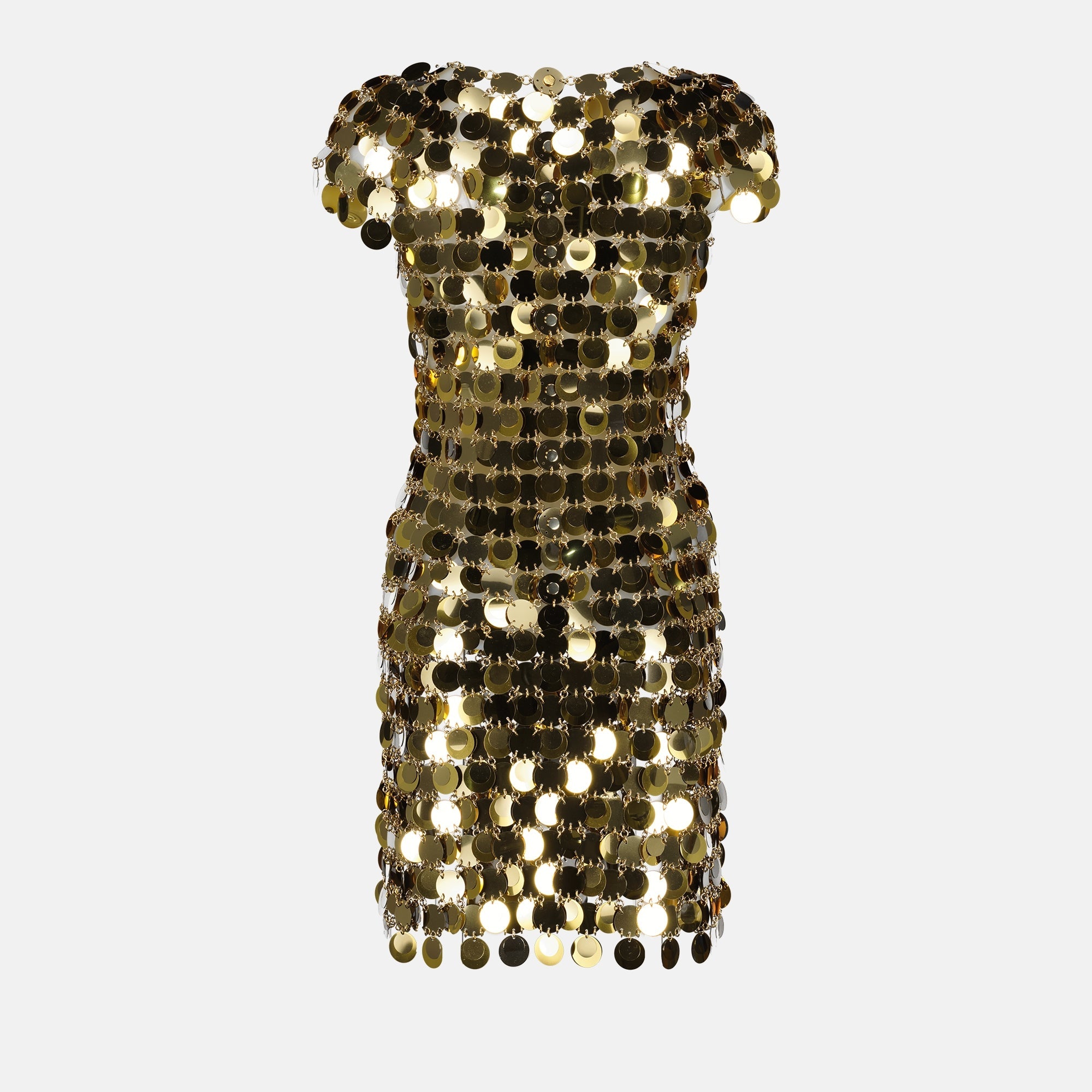 Rabanne dress, gold dress, midi dress, mirror effect dress, Autumn-Winter collection