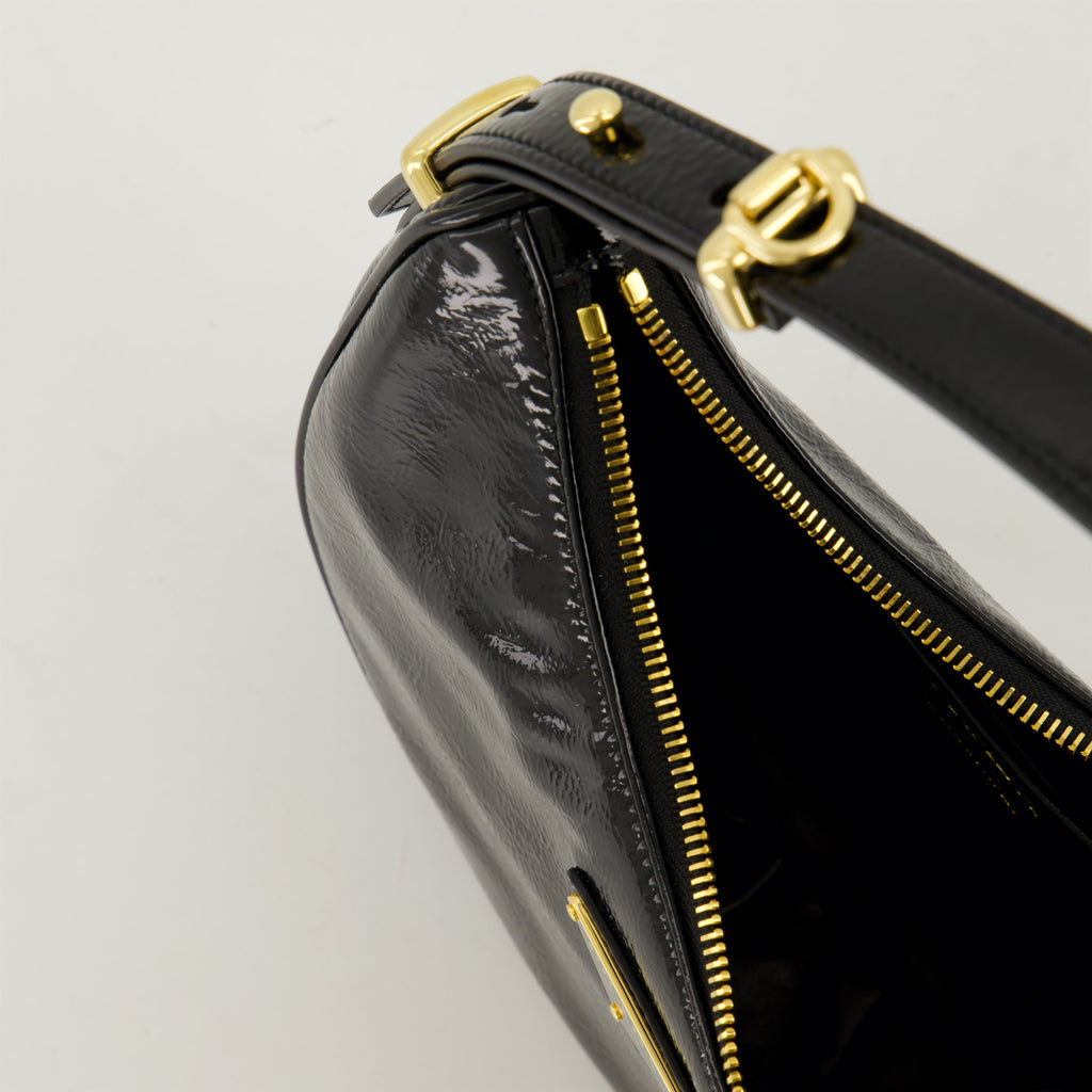 Black Patent Leather Bag, Prada Arc Bag, Spring Summer 2025, Adjustable Strap Handbag, Designer Logo Bag