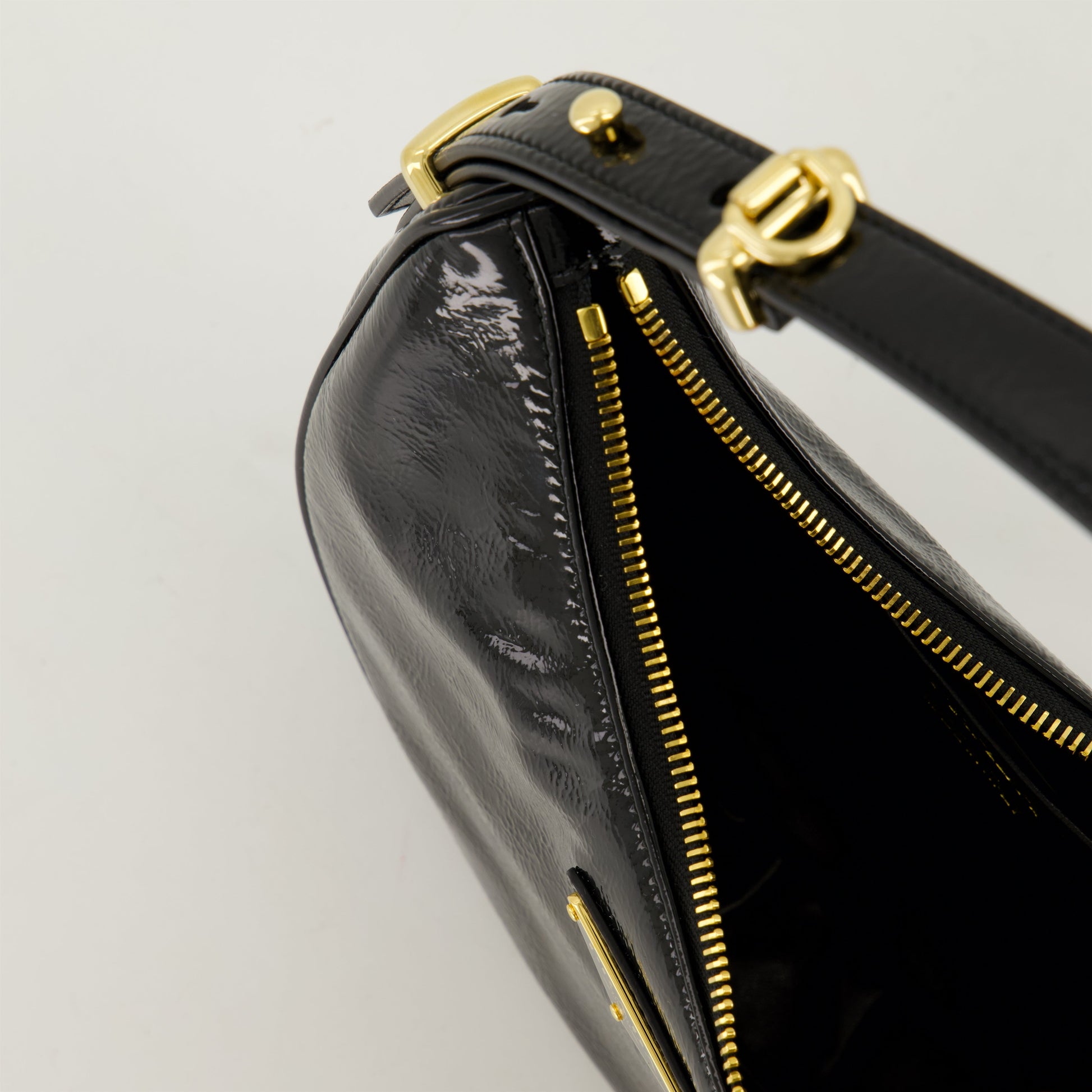 Black Patent Leather Bag, Prada Arc Bag, Spring Summer 2025, Adjustable Strap Handbag, Designer Logo Bag