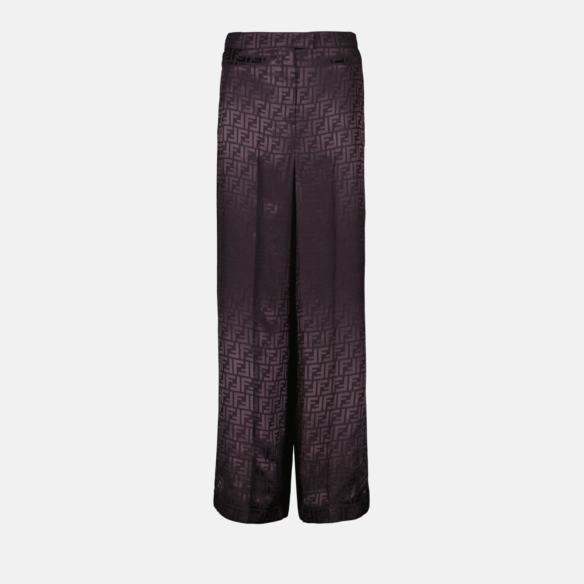 satin trousers, FF print, Fendi collection, luxury fashion, violet satin