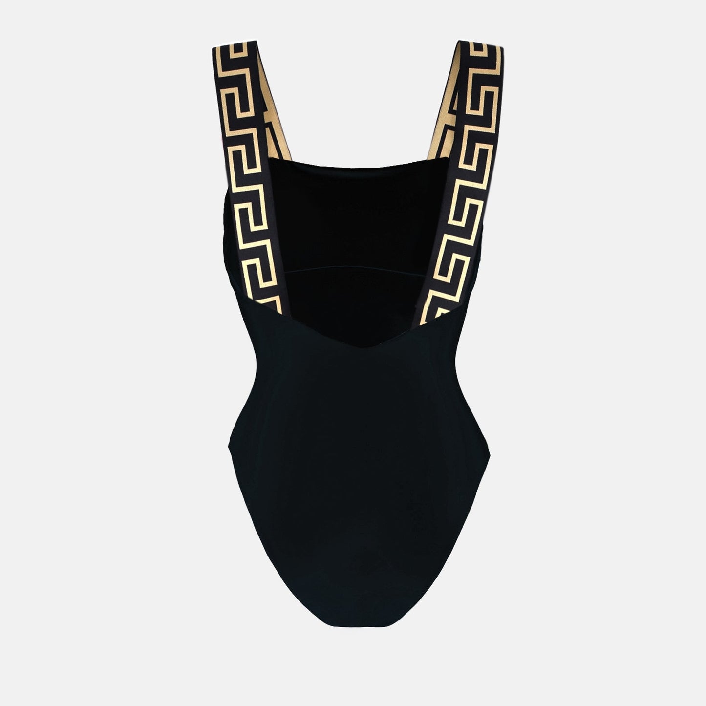 Versace swimwear, luxury swimwear, Greca motif, black Lycra swimwear, high-end swimwear