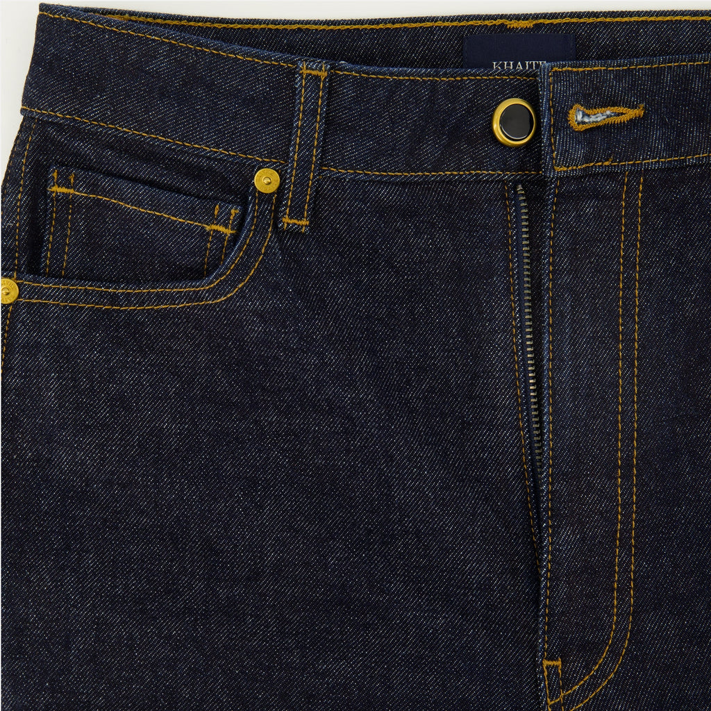 Khaite jeans, flare jeans, high-rise denim, deep blue jeans, five-pocket design