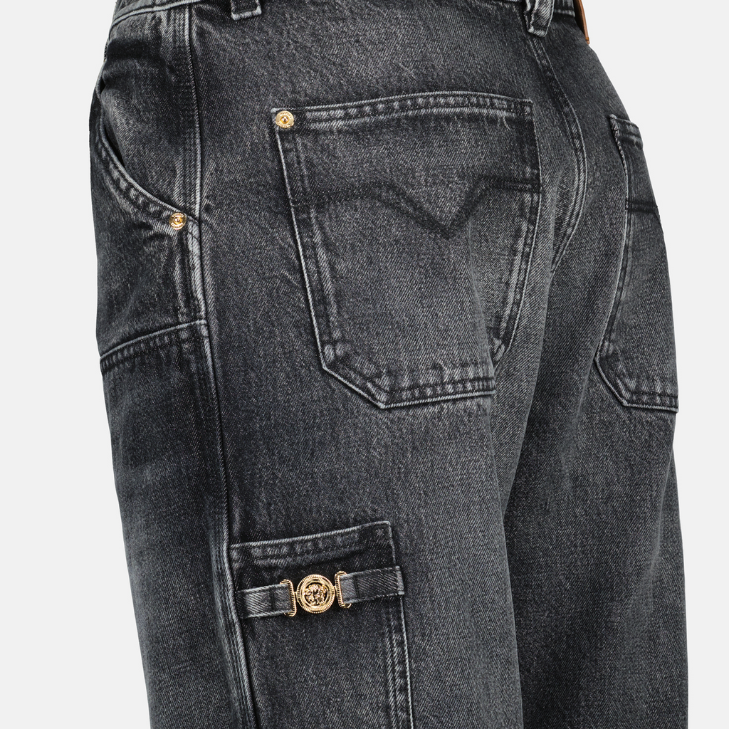 grayed denim cargo pants, Versace cargo pants, classic fit cargo, stylish men's pants, five pocket denim trousers
