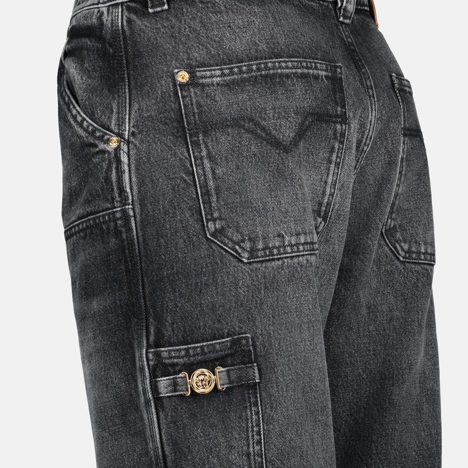 grayed denim cargo pants, Versace cargo pants, classic fit cargo, stylish men's pants, five pocket denim trousers