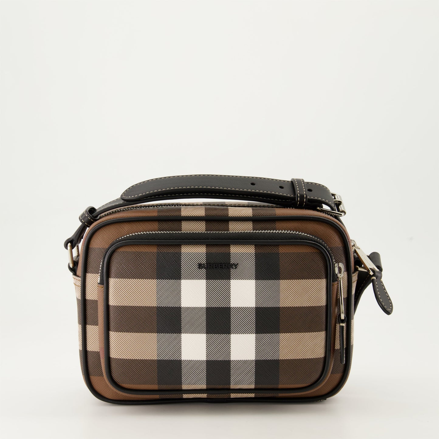 checkered shoulder bag, brown bag, adjustable strap bag, leather trim bag, luxury men's bag