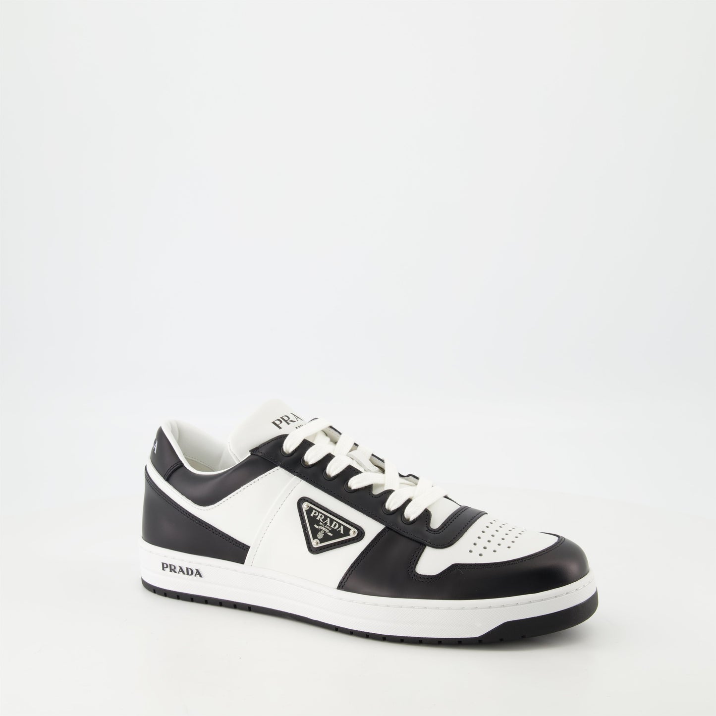 leather sneakers, black and white, Prada, rubber sole, triangle logo