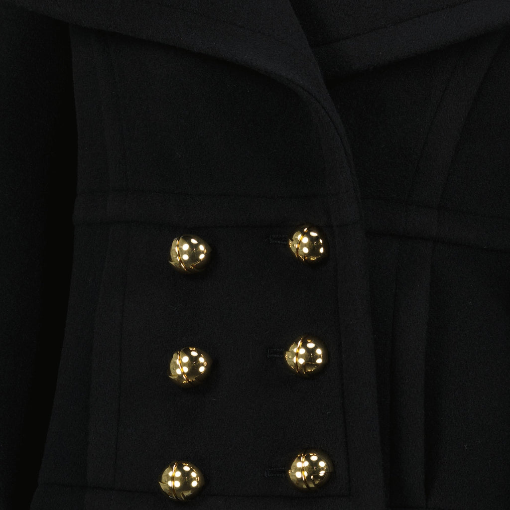 Patou jacket, black wool coat, Autumn-Winter collection, JP monogram buttons, peaked lapel jacket