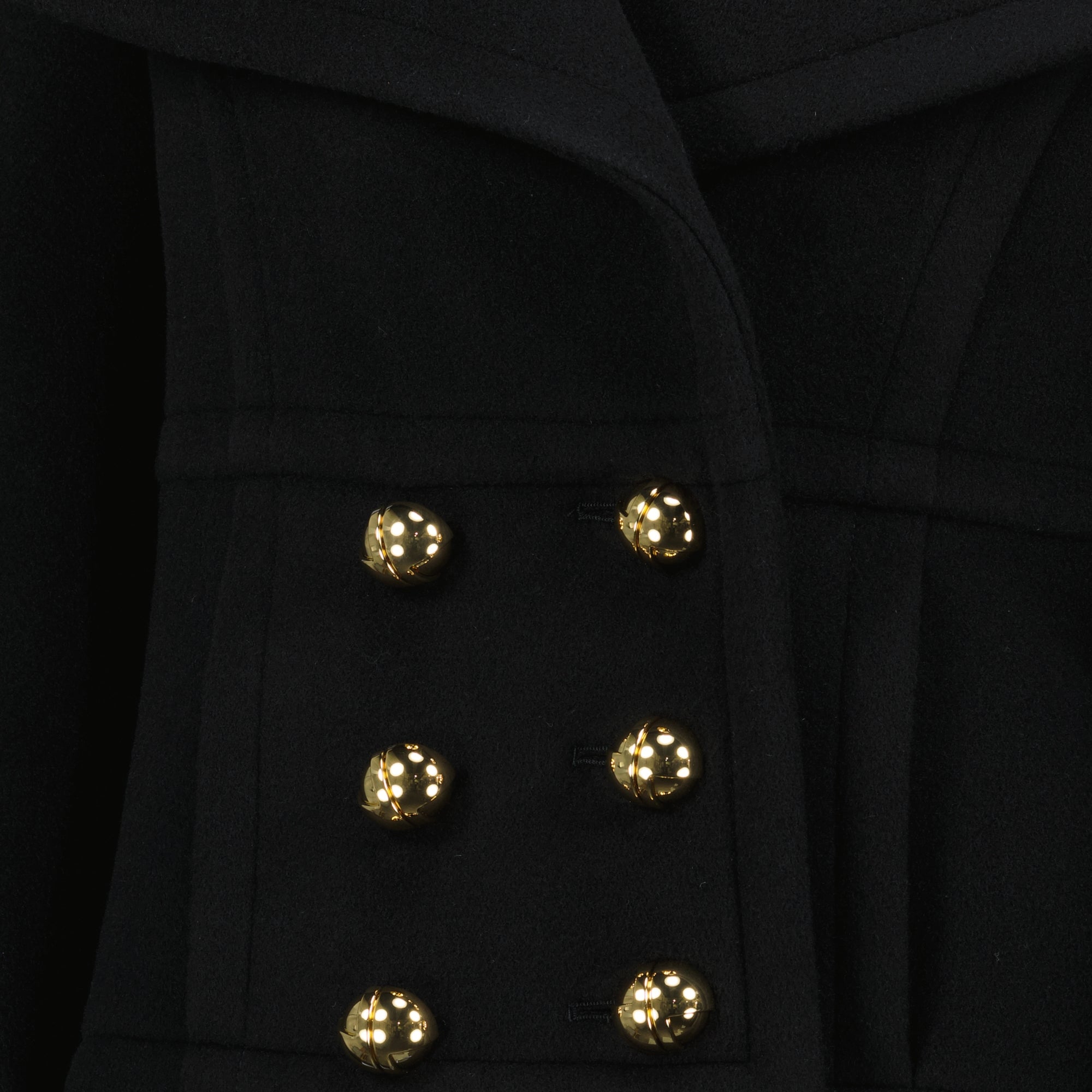 Patou jacket, black wool coat, Autumn-Winter collection, JP monogram buttons, peaked lapel jacket
