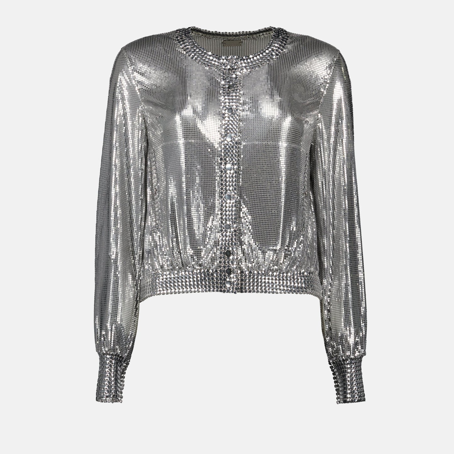 Silver Bomber Jacket, Metallic Knit Jacket, Rabanne Jacket, Autumn-Winter Collection, Round Neck Bomber