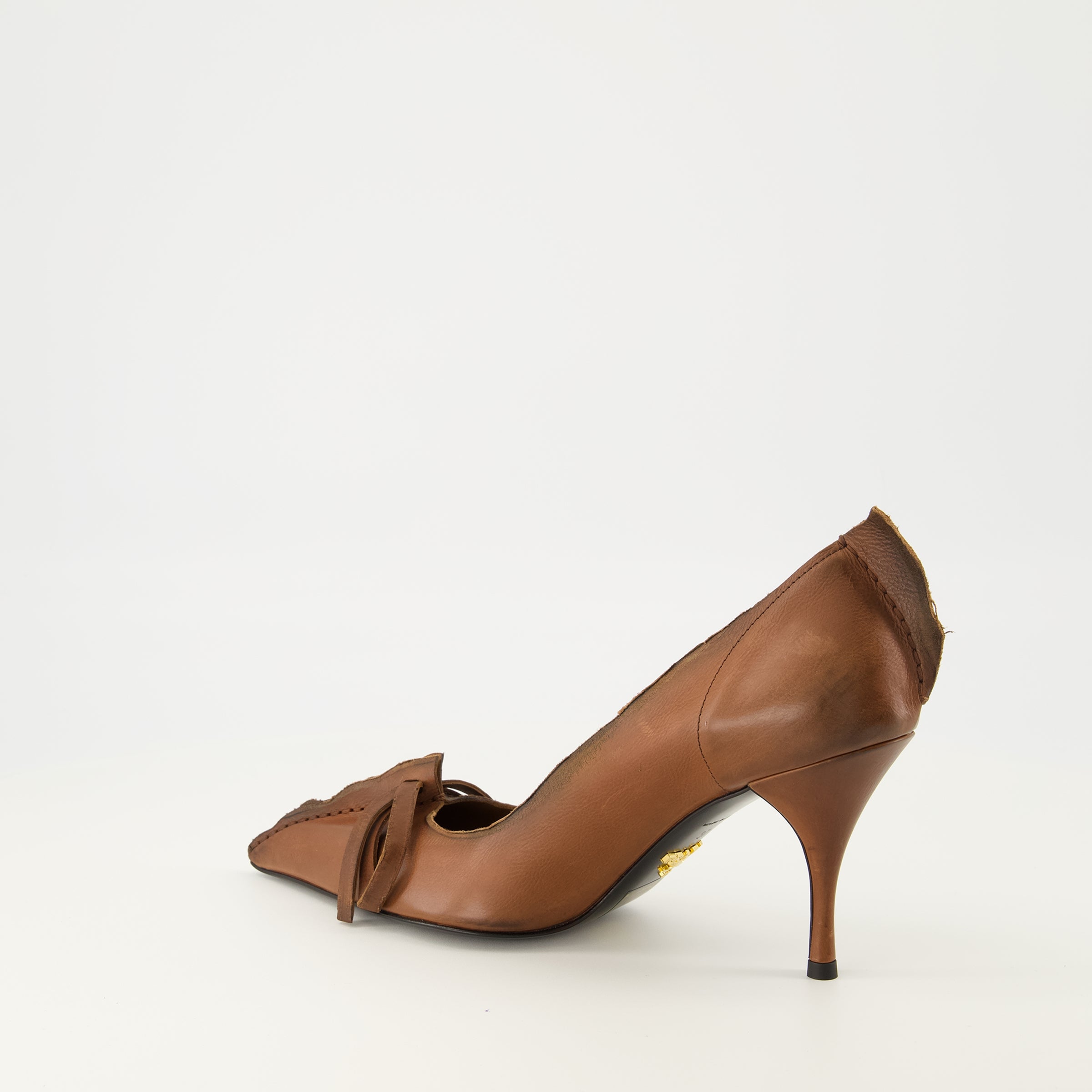 Prada, Brown Leather Pumps, Slip-On Shoes, Elegant Footwear, Leather Sole